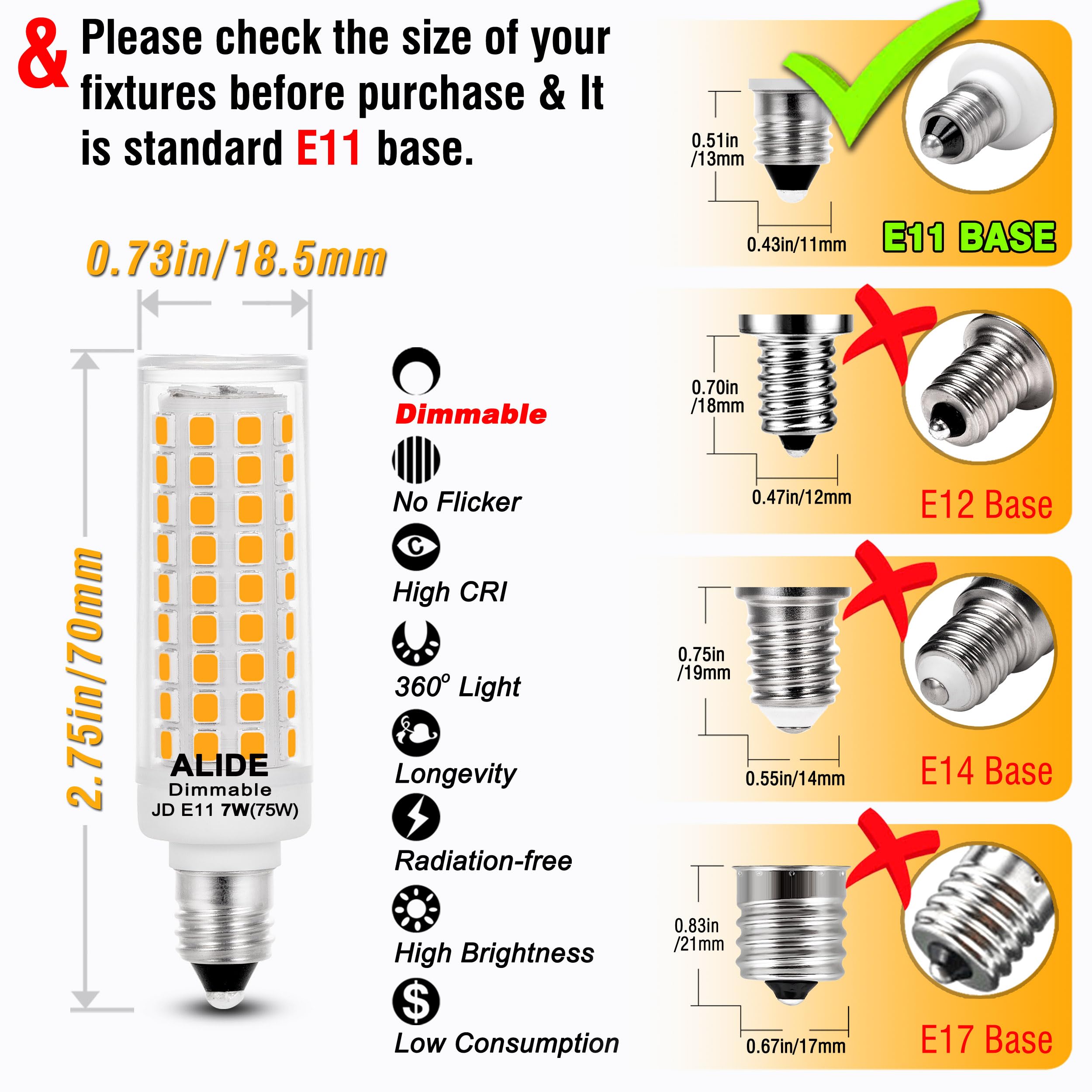 ALIDE E11 LED Bulbs, 7W 750lm Dimmable, 2700K Warm White, Aluminum, JDE11 120V Halogen Candelabra, 4