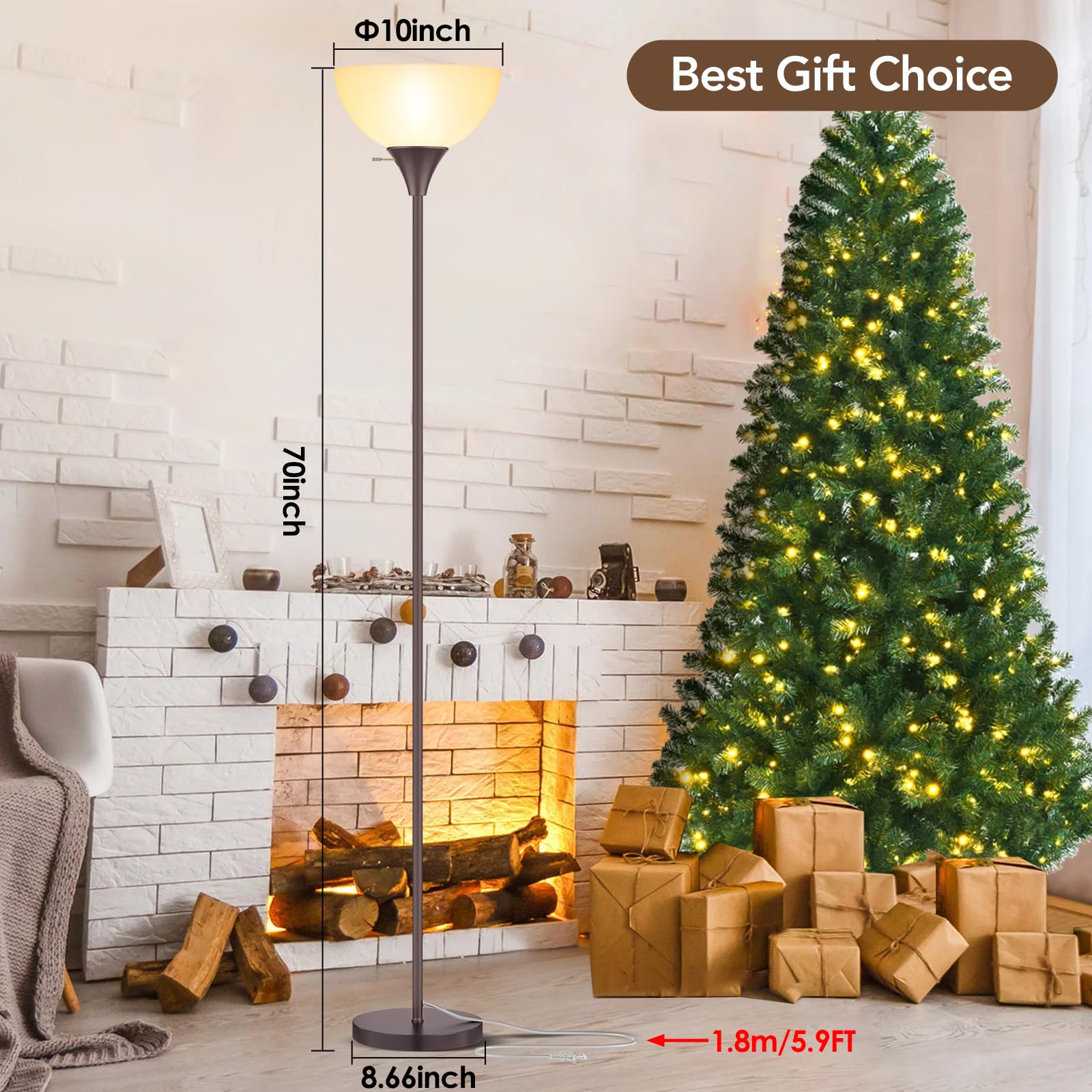 Coucrek LED Floor Lamp, Brown Metal Standing Light with White Shade, Rotary Switch, Model F073