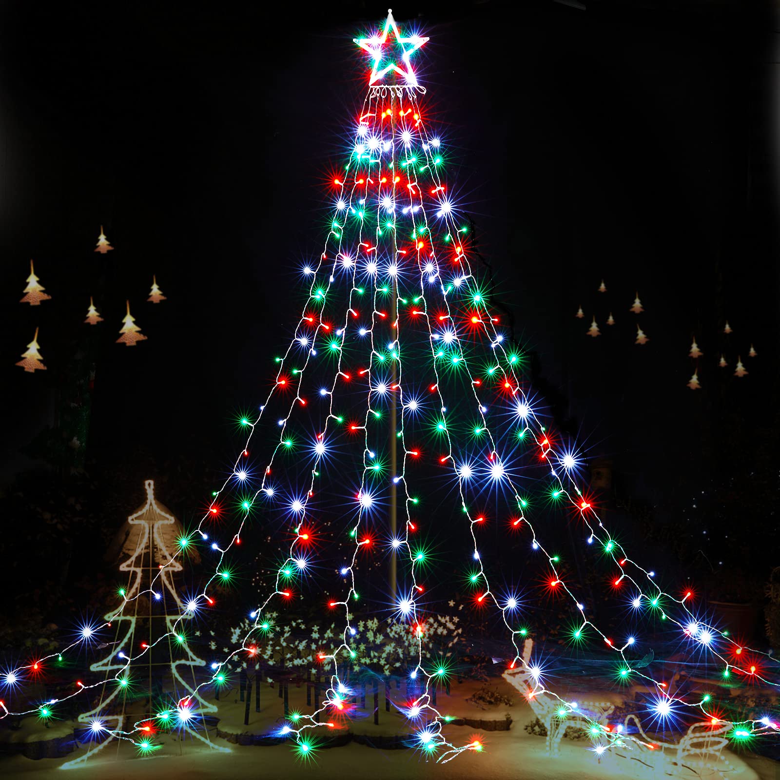BlcTec Outdoor Christmas Star Lights, 344 LED, 9 Strands, 11.9ft, Waterproof, 8 Modes, Red Green White, Model JT-EL/FC300V