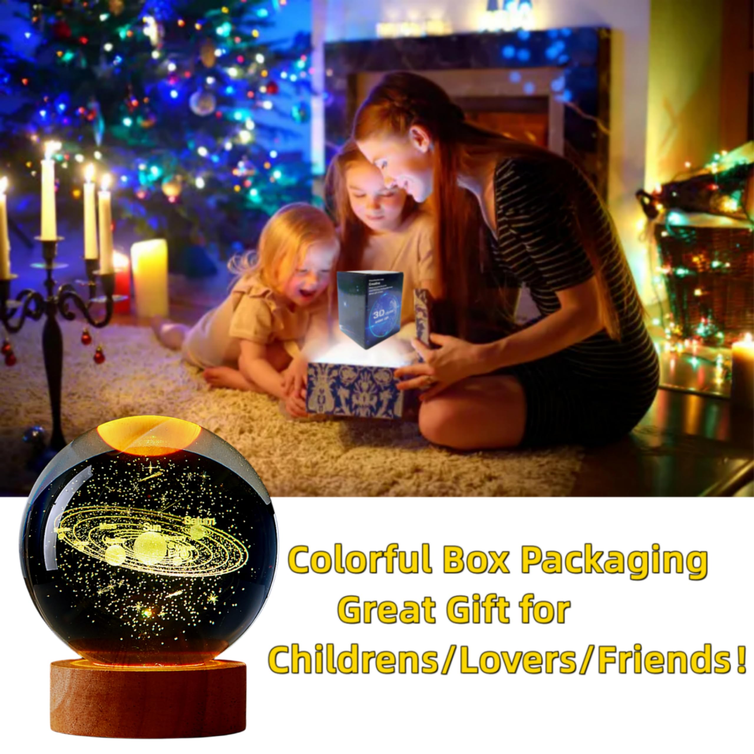 3D Solar System Crystal Ball Lamp,3.15 Inch K9 Crystal Ball Night Light With Wooden Base,16 Colors Changing With Remote Control,3D Planet Laser Engraving Holographic Light (Solar System)