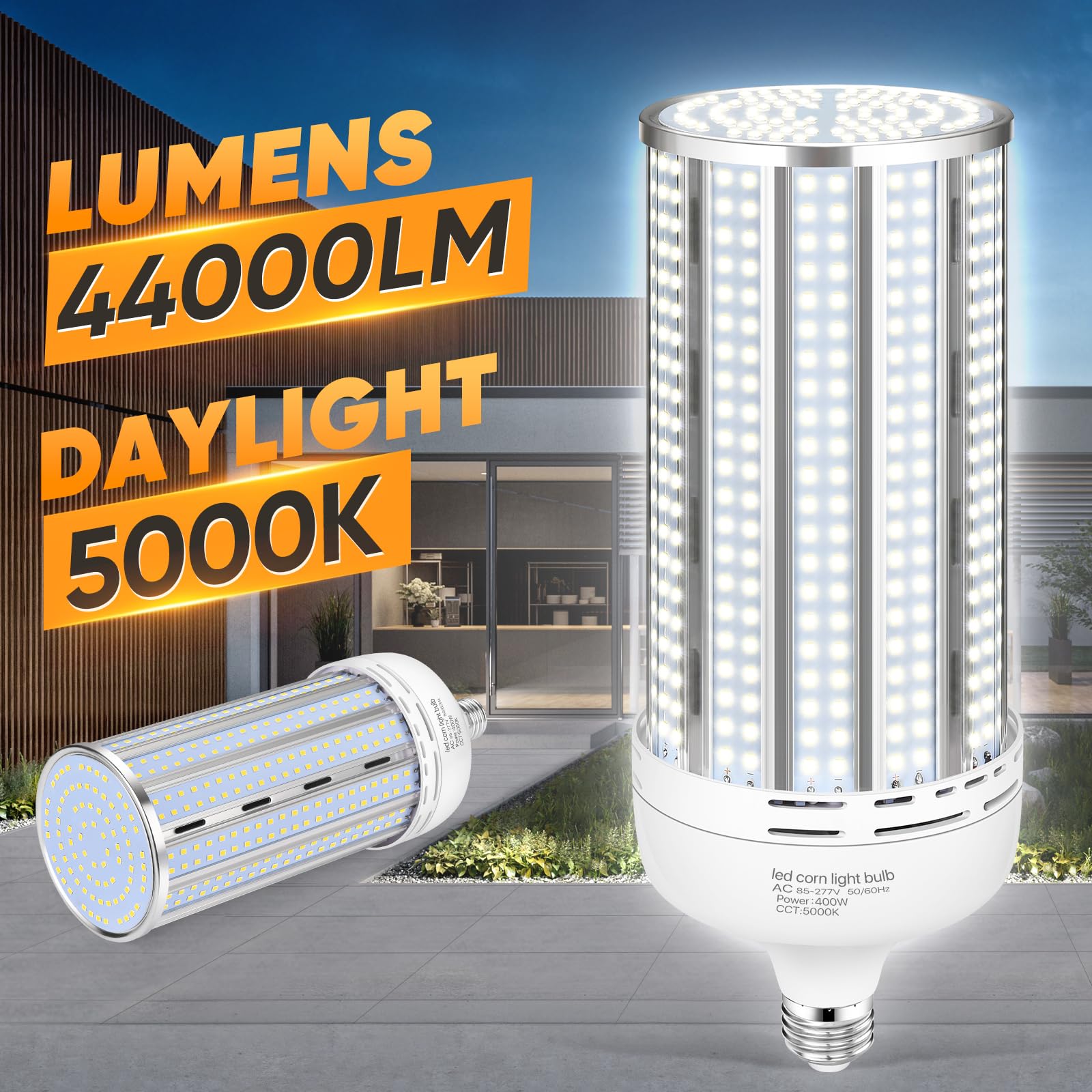 Xycn 2 Pack 400W Corn Led Light Bulb Fanless,5000K Daylight(Eqv.1,200W Mh/Hps/Hid) Non-Dimmable E26/E39 Large Mogul Base Led Cob