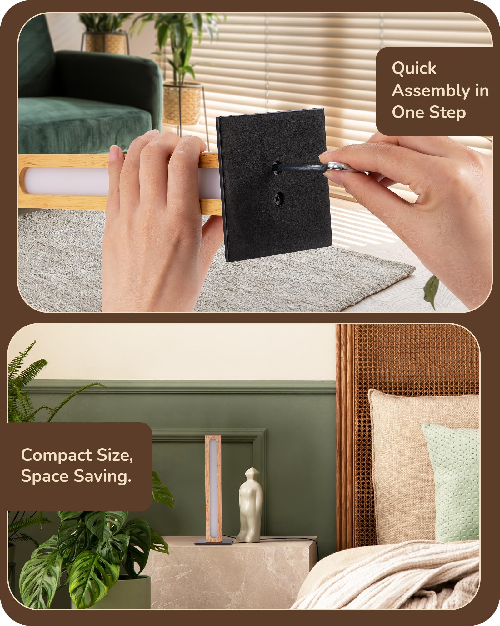 EDISHINE LED Wood Table Lamp - 3-Color Minimalist Design, Stepless Dimmable, Touch Switch, Square Nightstand Lamp, Light Color