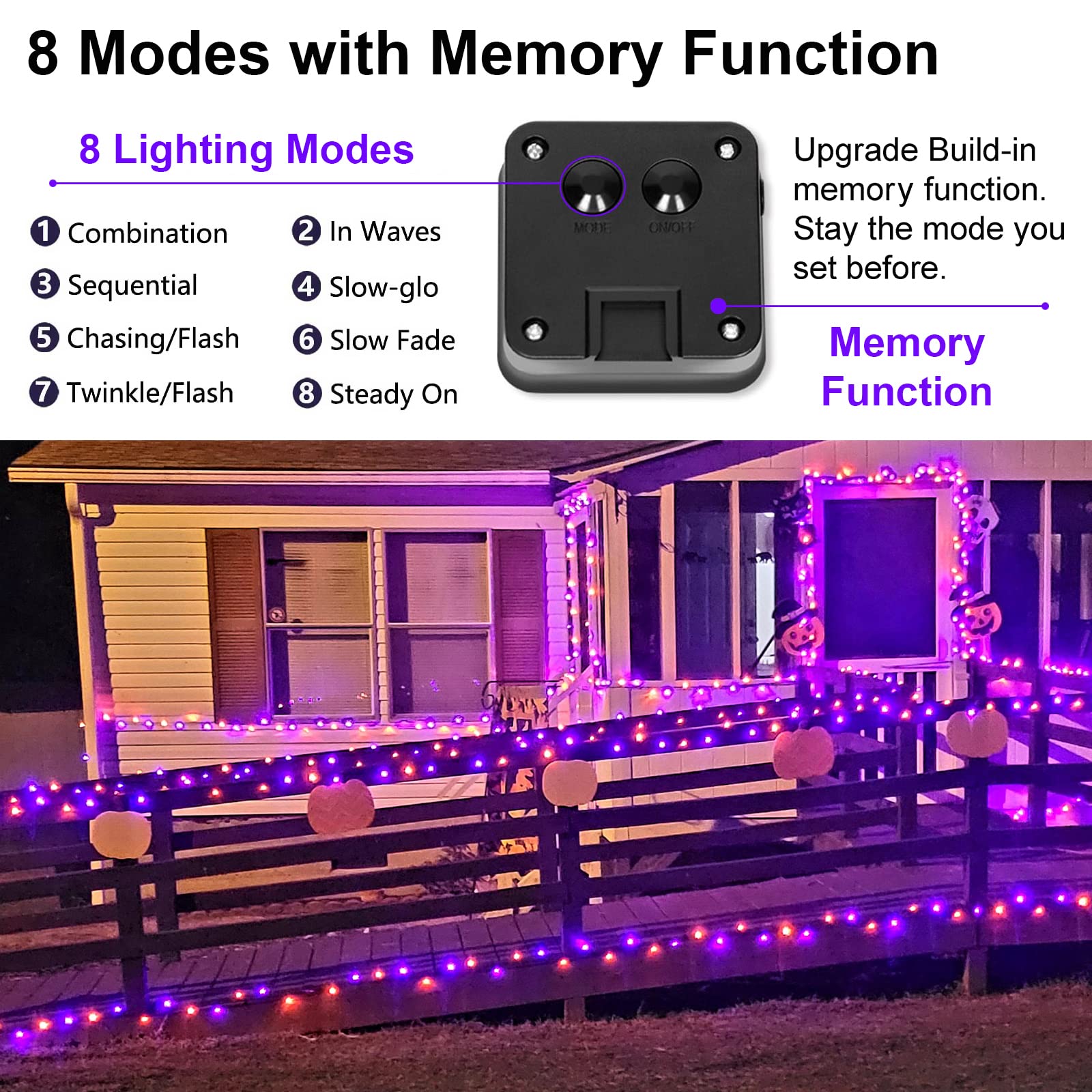 YAOZHOU Solar Powered Halloween String Lights, 100 LED, 33FT, IP67 Waterproof, Orange/Purple, 2 Pack, Black Copper Fairy Lights