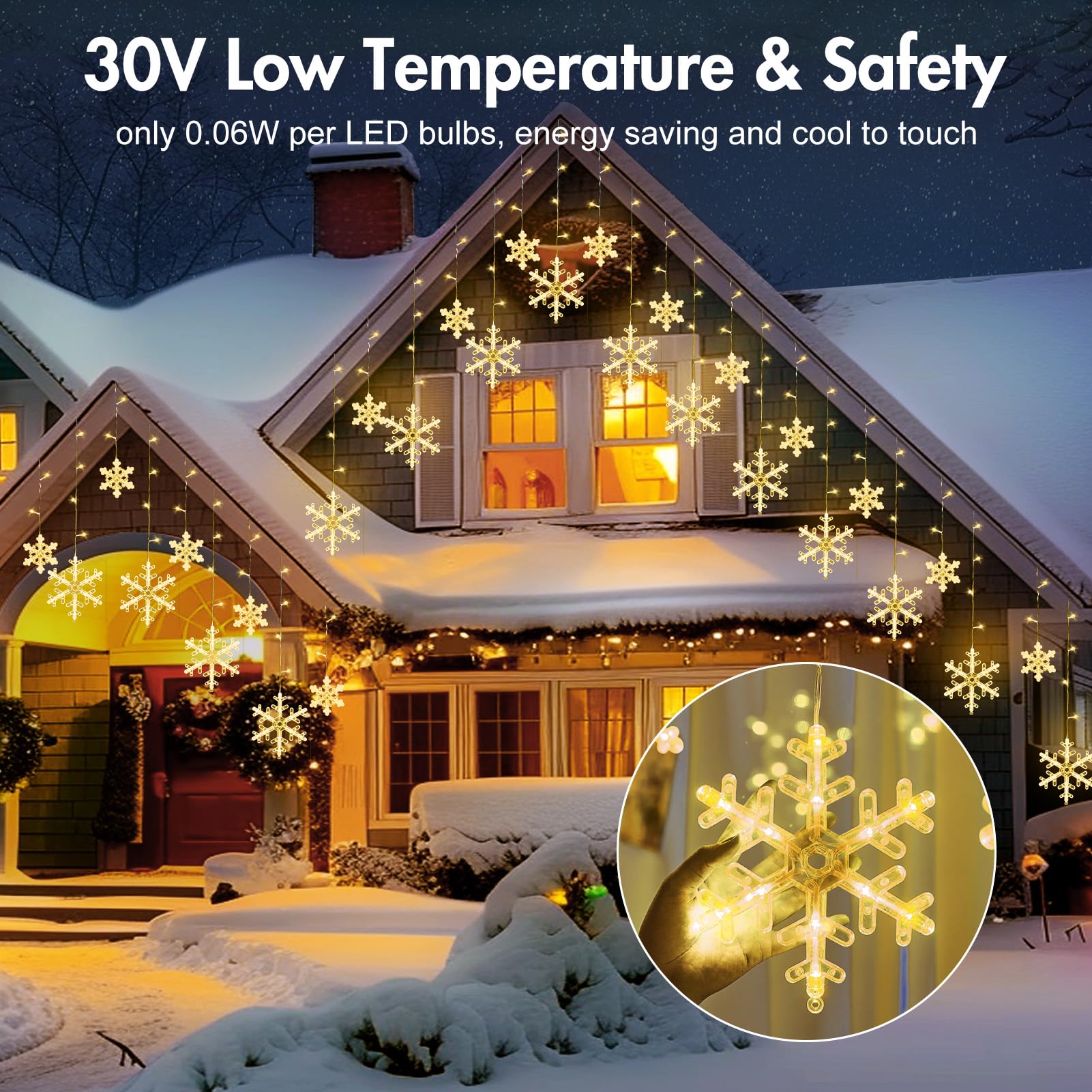 Minetom Christmas Snowflake Lights - 13ft, 192LED, 12 Modes, Timer, IP65 Waterproof, Warm White, Model DMO-I-50~1200