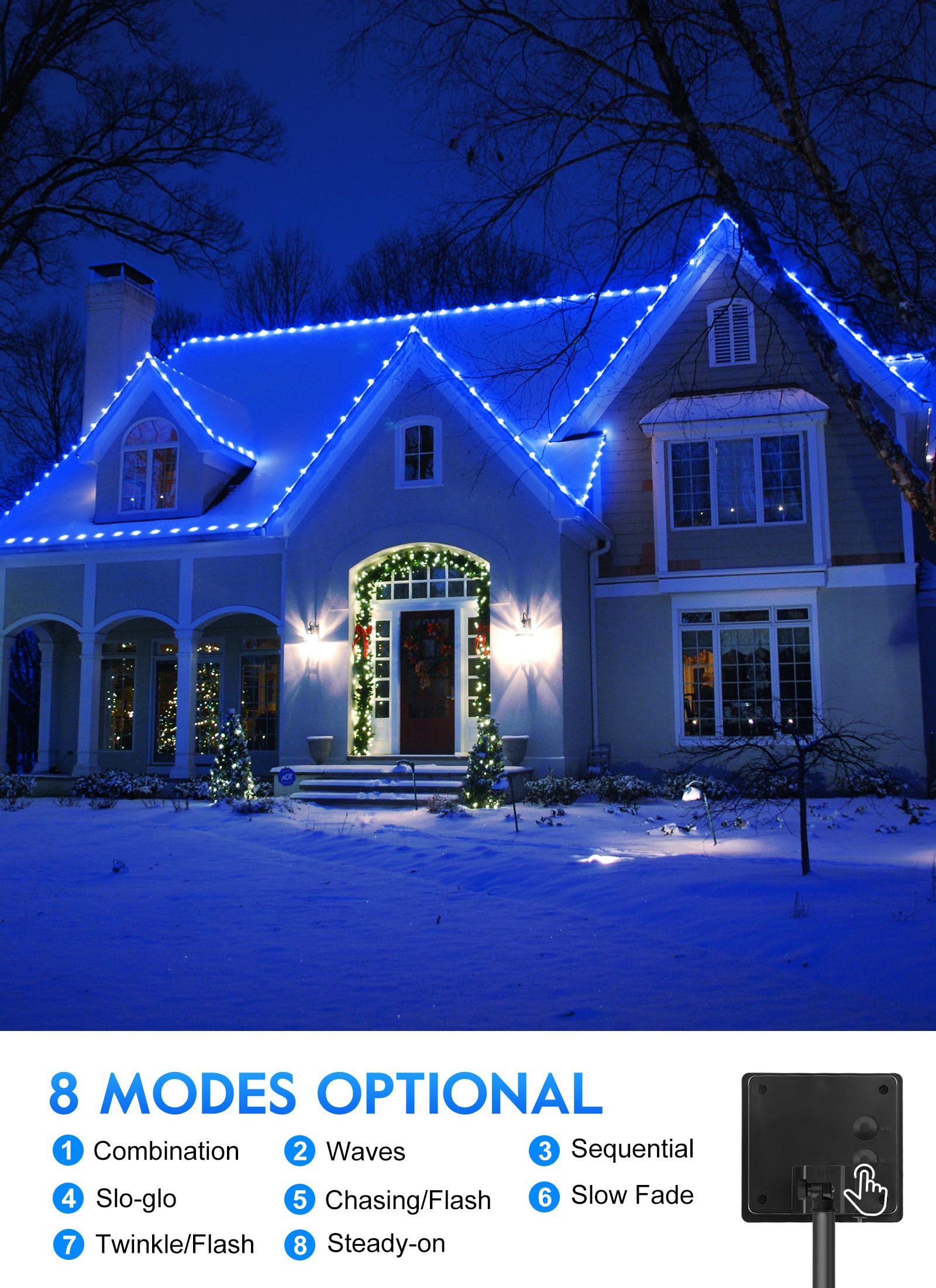 Brightown Solar String Lights Outdoor, 39FT, 100 LED, Waterproof, 8 Lighting Modes, Blue, Model SR-02