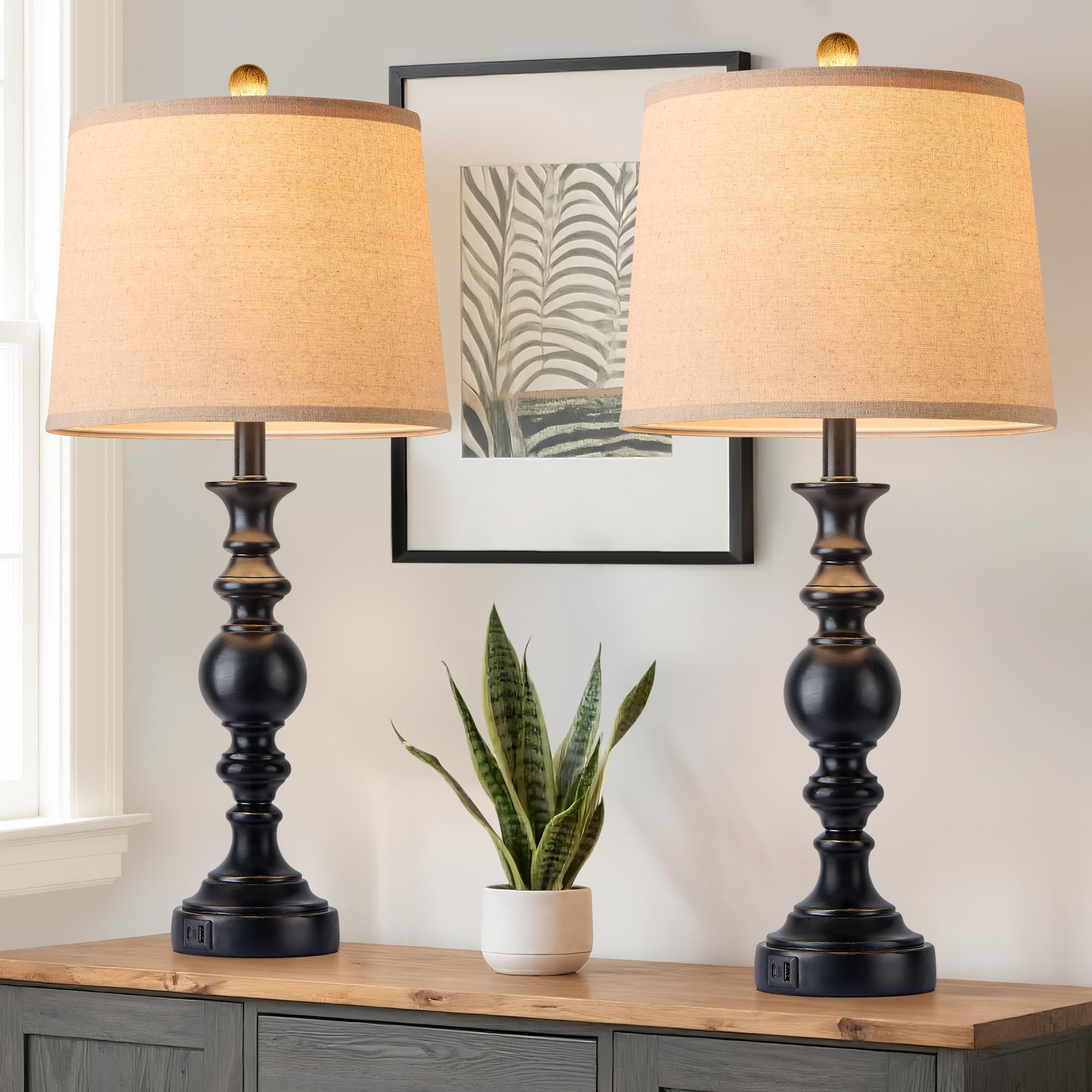 SRJJRS Farmhouse Lamp for Bedroom Set of 2, Table Lamp for Nightstand with Dual USB Charging Ports, 28 Table Lamps for Living Ro