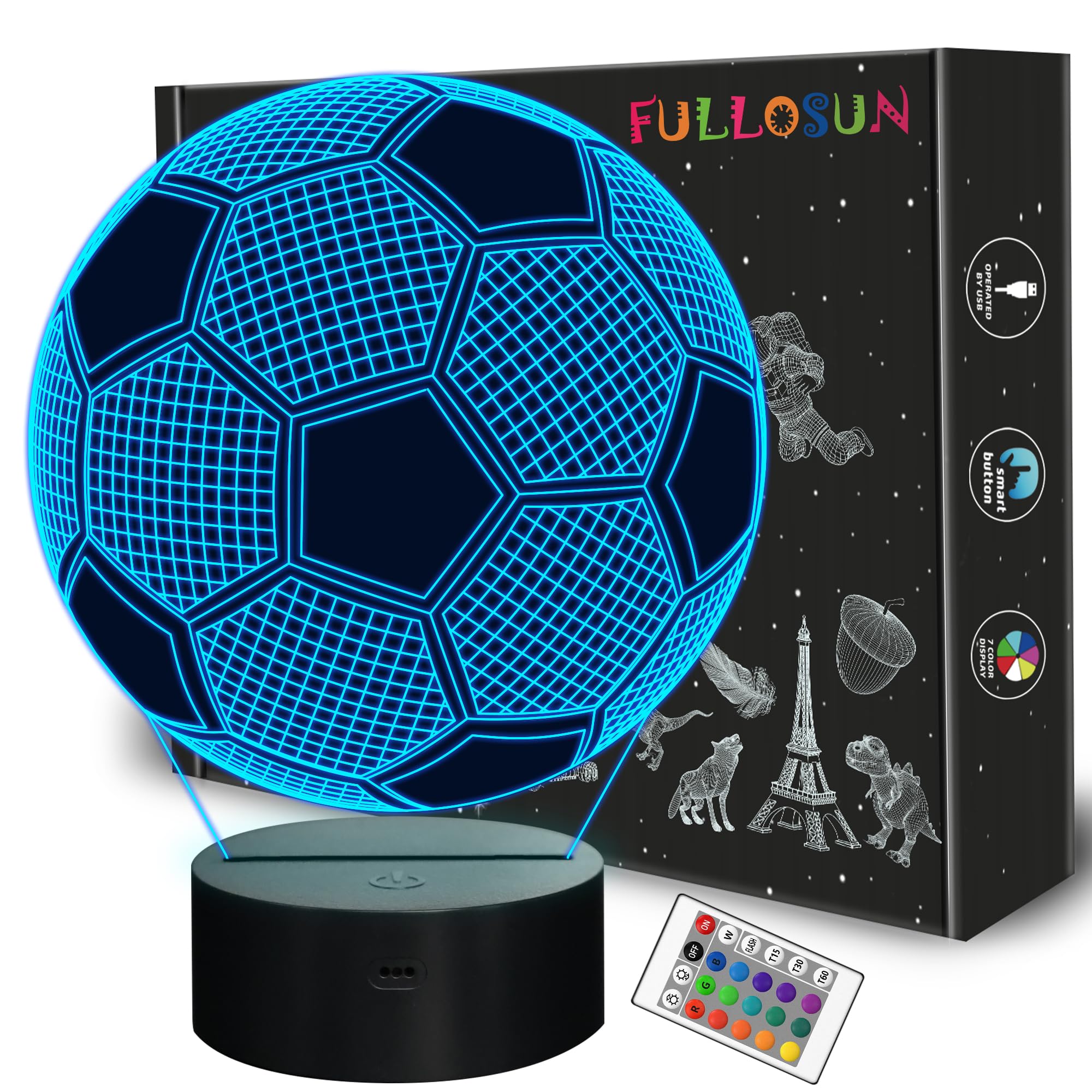 Fullosun Soccer 3D Optical Illusion Night Light With Remote, 16 Colors - Perfect Gift For Kids