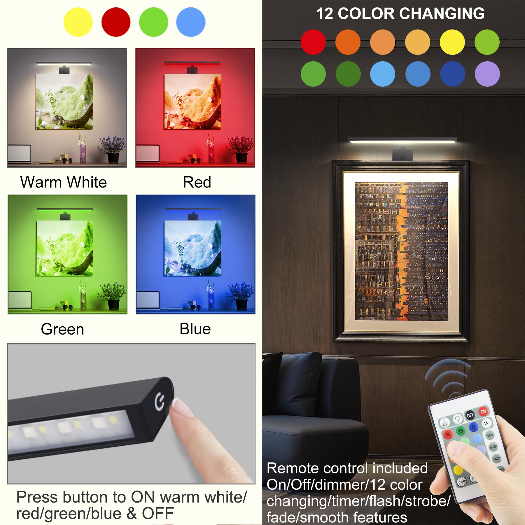 BIGMONAT Wireless LED Picture Light 16 inch, USB Rechargeable, Dimmable, Color Changing, Black-RGB, Model B607IR-12CRGB-1