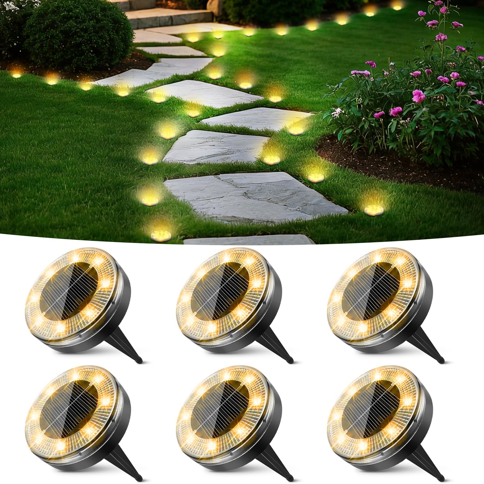 Peasur Mini Solar Ground Lights  6 Pack Flat Solar Disc Lights Outdoor Waterproof  2.3 Inch Small Solar Garden Lights Landscape Lighting for Outside Pathway Garden Yard Lawn Walkway Warm White
