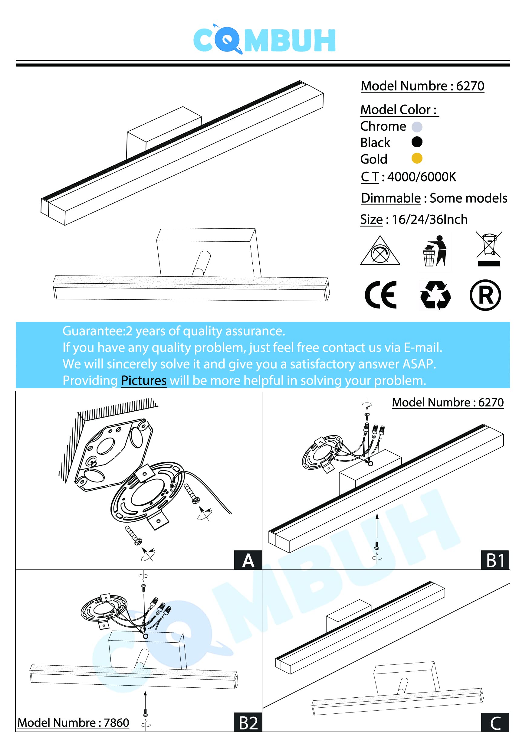 Combuh Bathroom Light Fixture - 16 Inch Chrome Vanity Light Bar, Acrylic, Cool White 6000K, Model 26895374