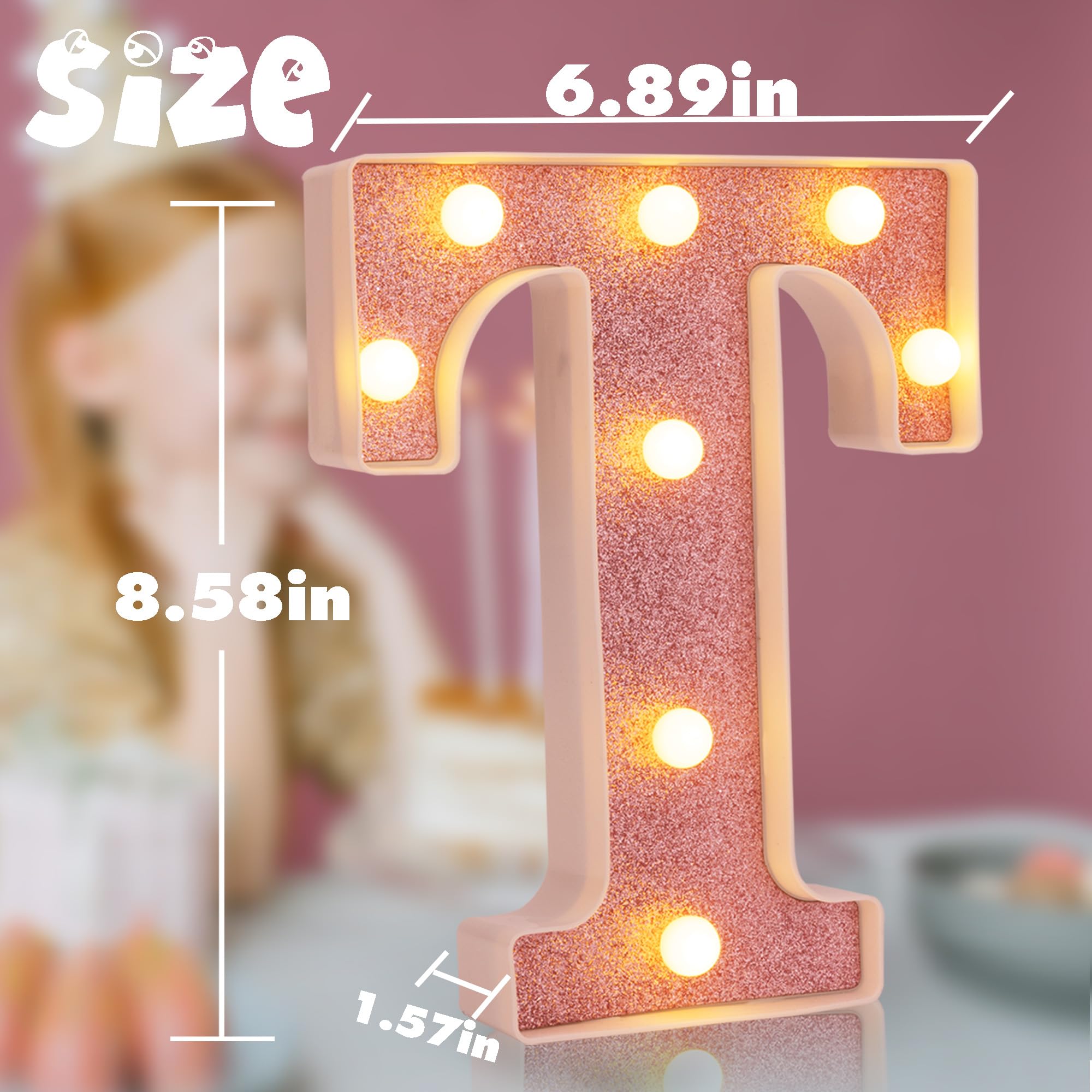 DyingSwan Small LED Marquee Letter T Light Up Sign, 8.58 Inch, Pink Glitter, Battery Powered for Party and Decor