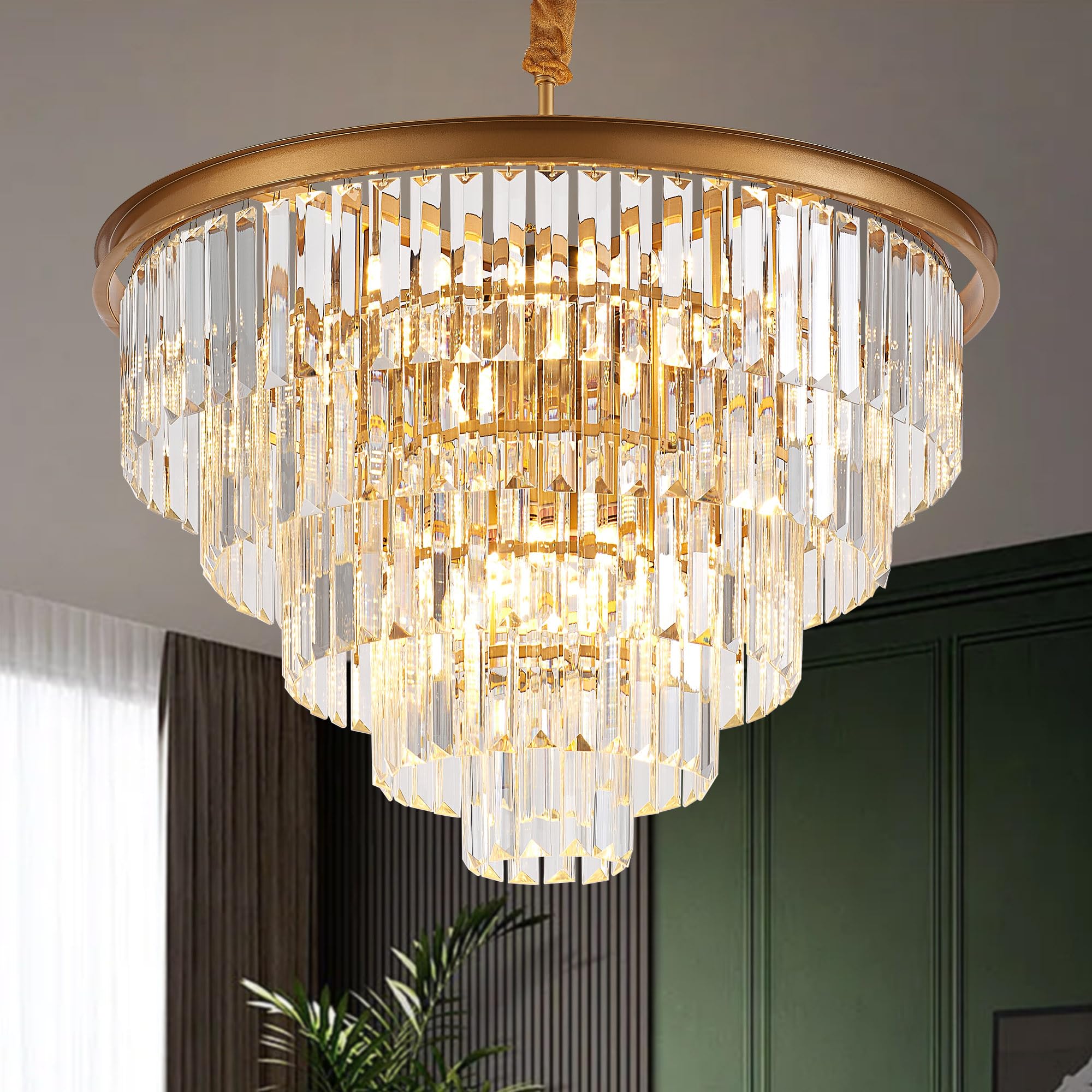Faibra 23.23" Gold Crystal Chandelier 12-Light Modern Crystal Pendant Ceiling Light Fixture 5-Tier Luxury K9 Crystal Chandeliers,For Dining Room Kitchen Island Living Room Bedroom