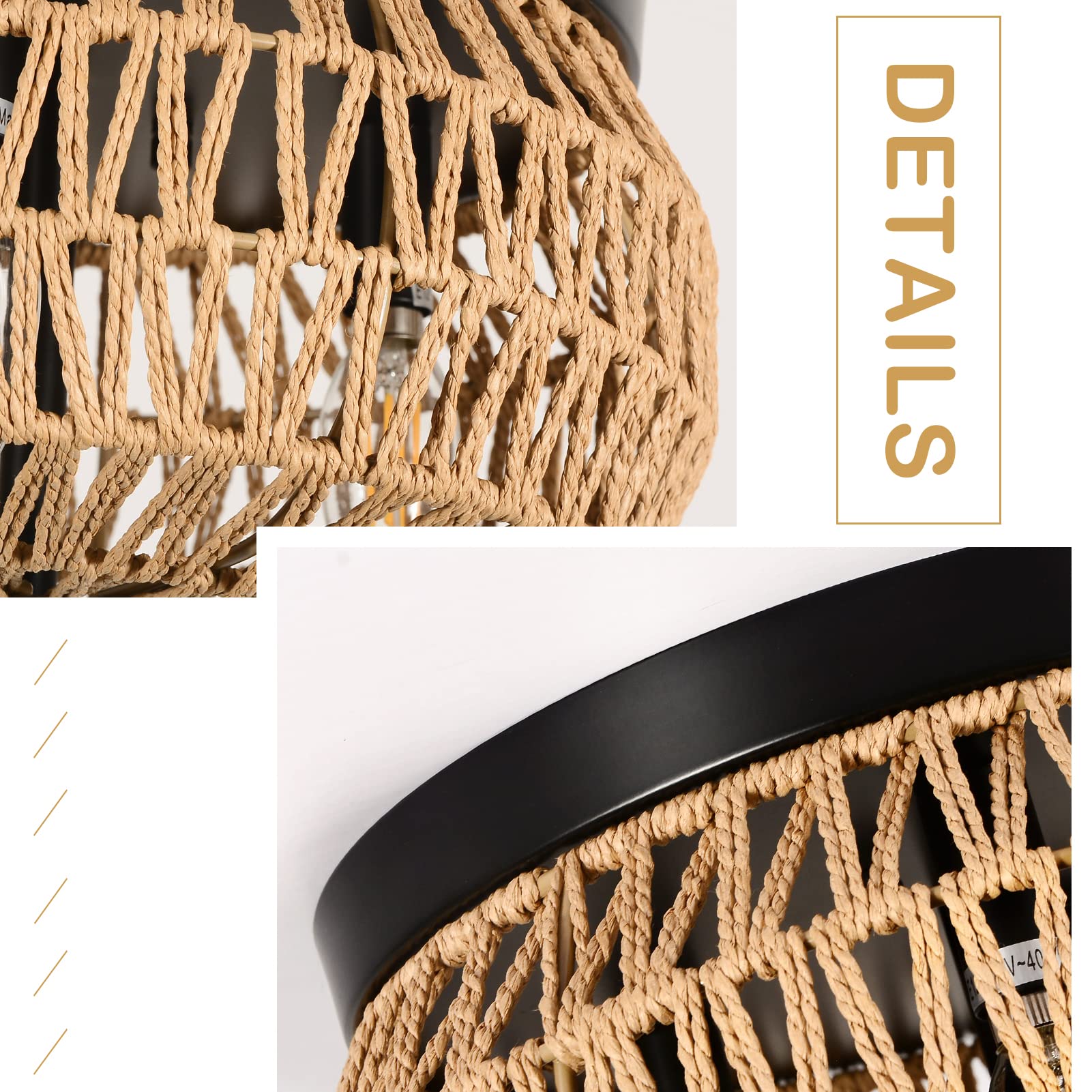 3-Lights Woven Rattan Flush Mount Ceiling Light Fixture With Hand-Worked Cage Shade For Bedroom, Kitchen, Foyer, Porch