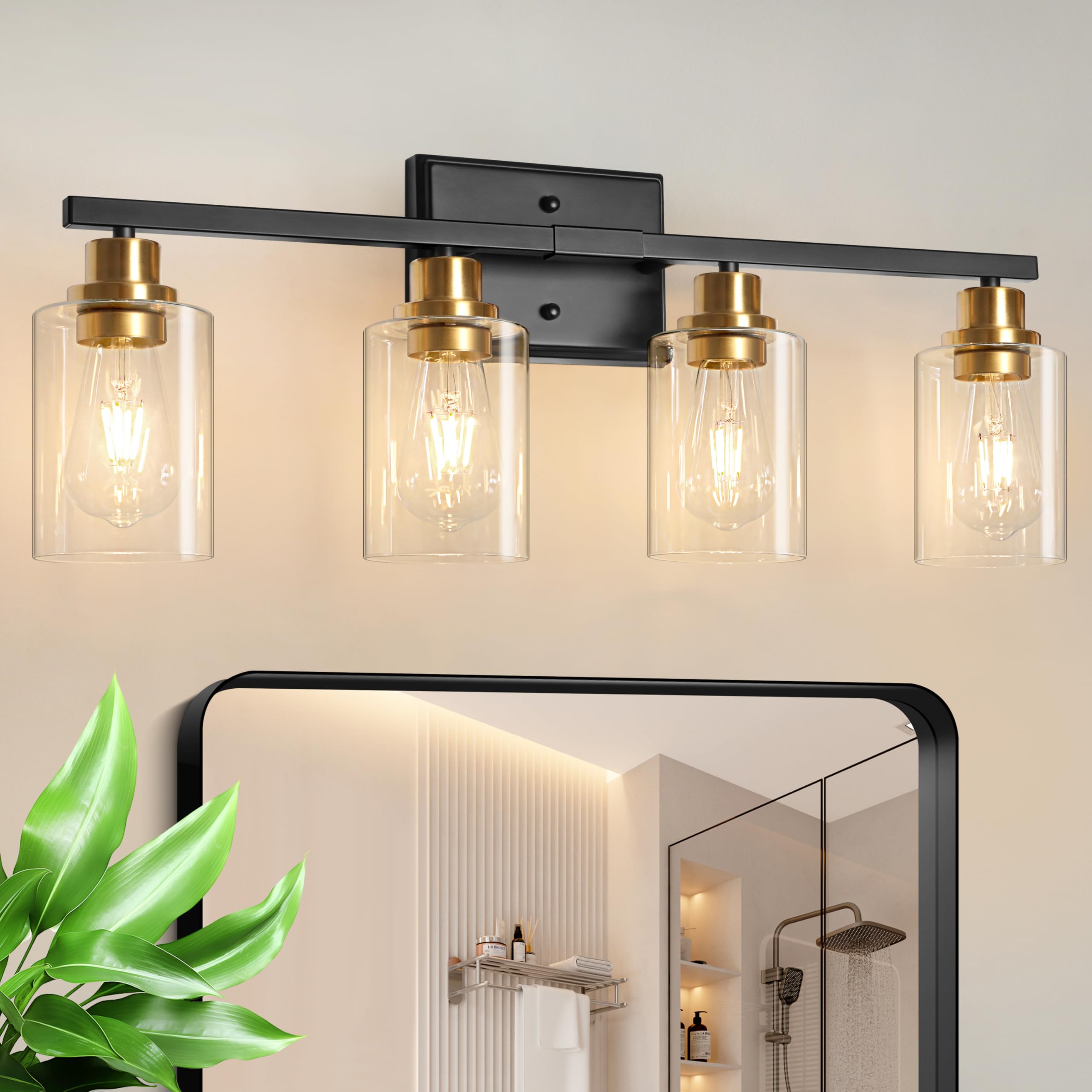 Unicozin Modern Bathroom Light Fixtures  4 Light Vanity Lights Over Mirror  Black and Gold Wall Lamp with Clear Glass for Living Room Cabinet Bedroom Porch