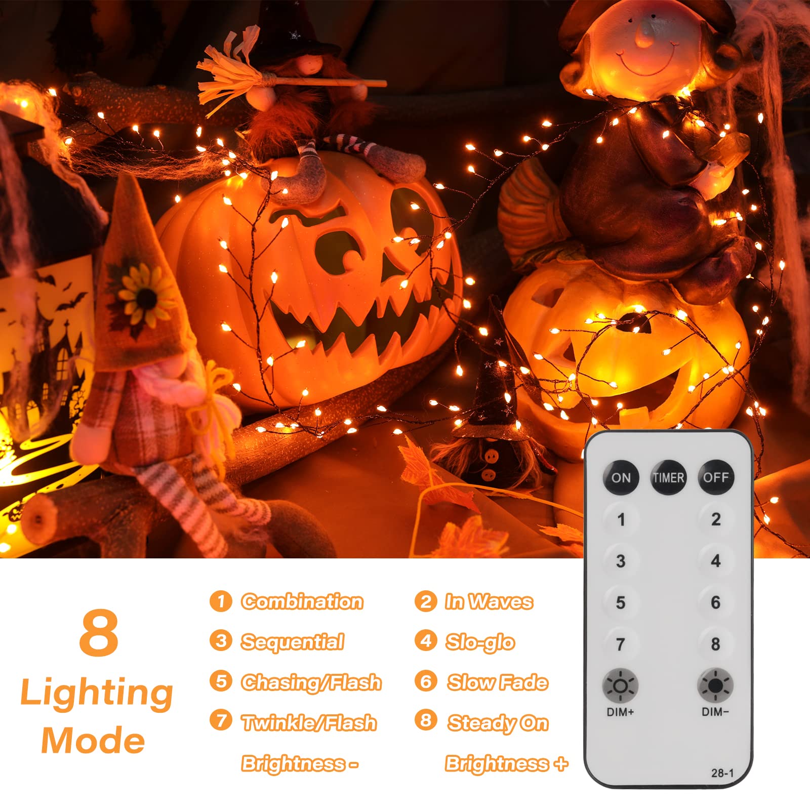 Halloween Fairy Lights Plug in, 10Feet 200 LEDs Firecracker String Lights with Remote, Cluster String Lights for Ceiling Bedroom