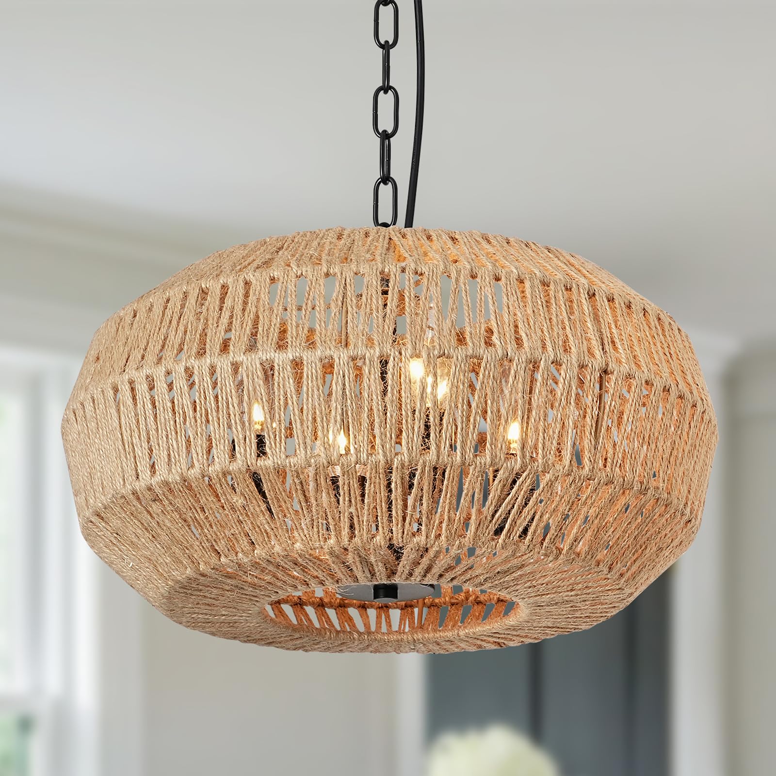 Foucasal 4-Light Boho Rattan Pendant Light - Large Hand Woven Chandelier For Dining Room, Brown