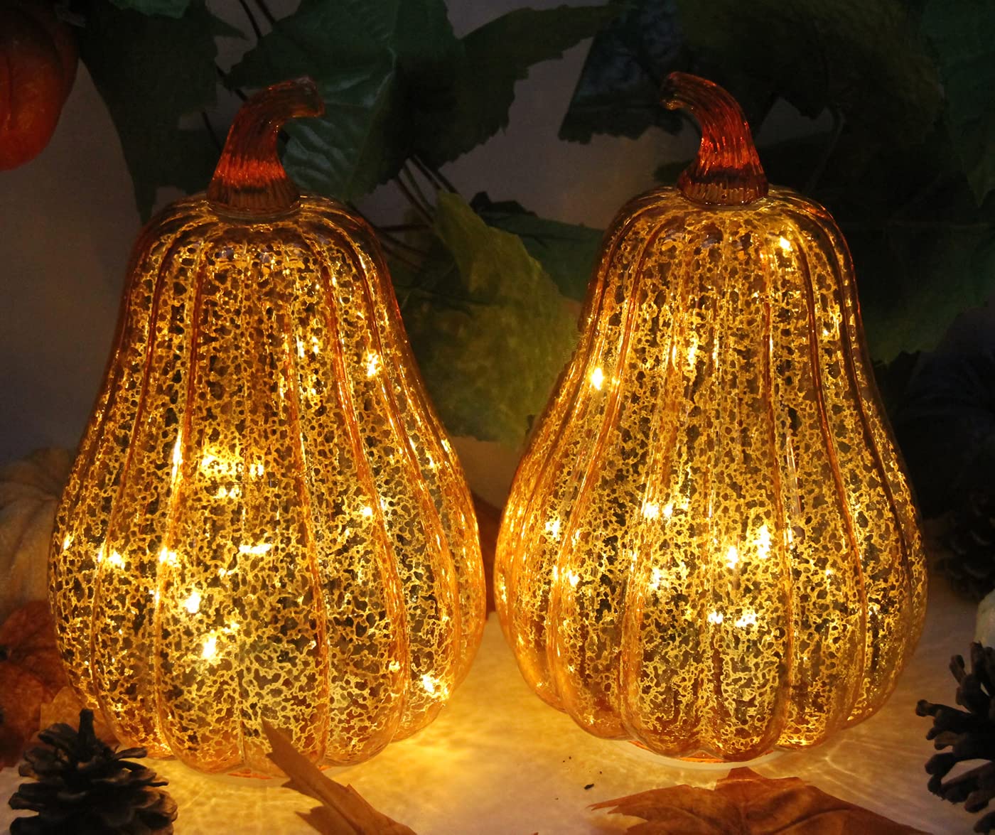 CFDECOR Mercury Glass Pumpkin Light with Timer, with 10 Fairy Lights Inside, Battery Operated Led Pumpkin Lamp, Ideal for Hallow