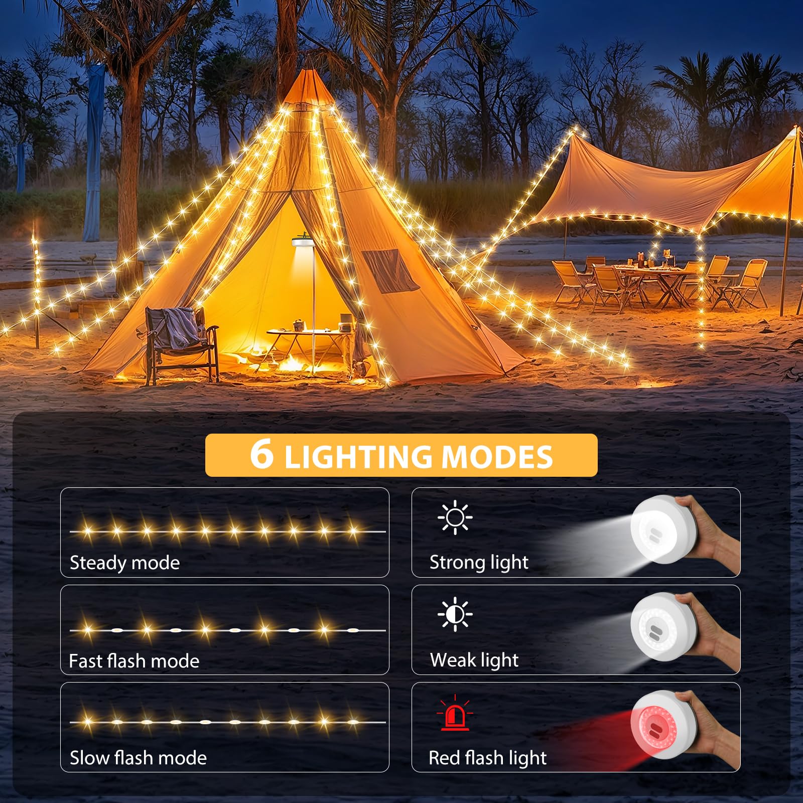 UGDLUCK 2Pack Camping String Lights, 32.8FT Rechargeable, 6 Modes, Waterproof, Warm White, Model CD013