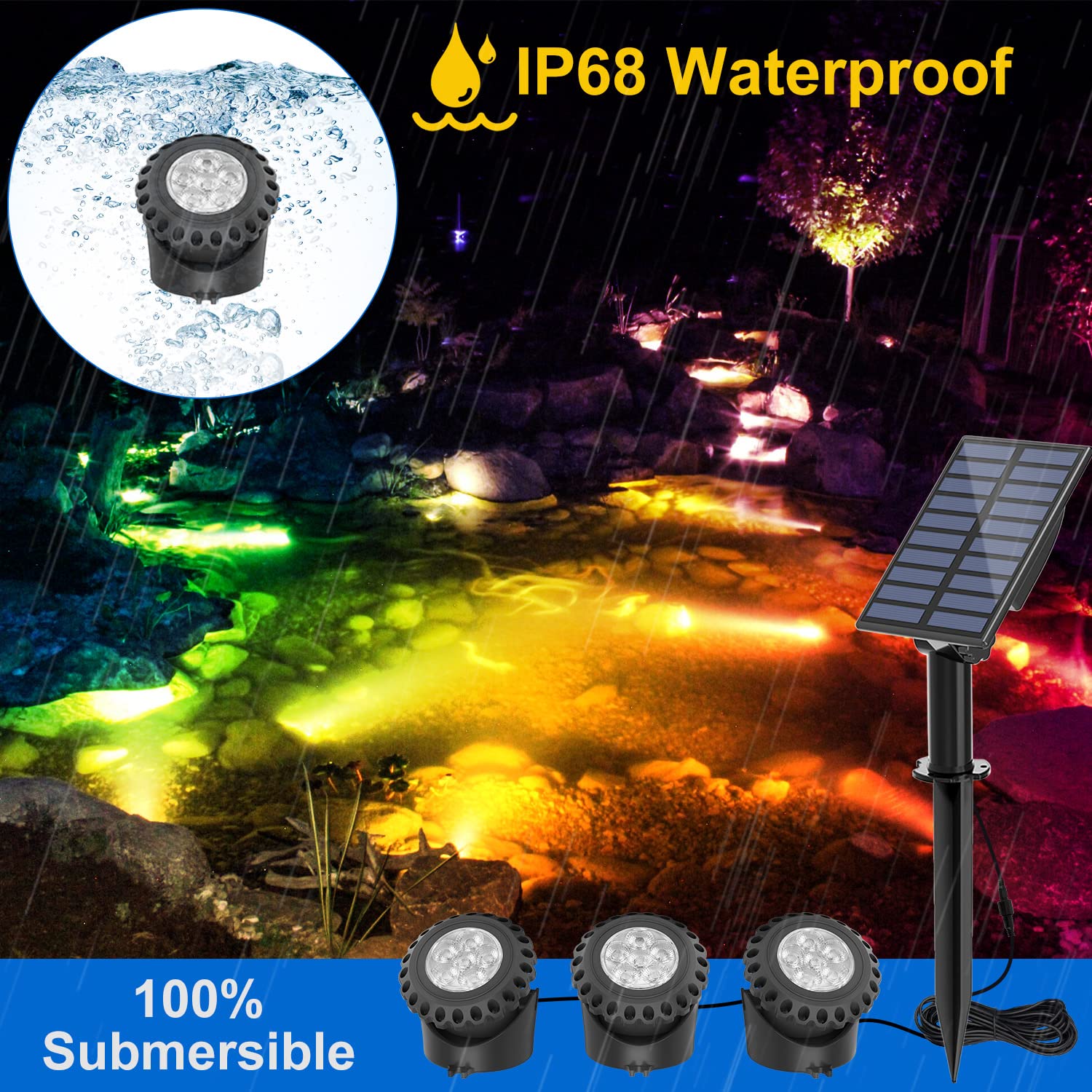 T-SUN Solar Fountain Lights Submersible LED Underwater Pond Lights IP68 Waterproof - 3 Lights RGB Model TS-S5405