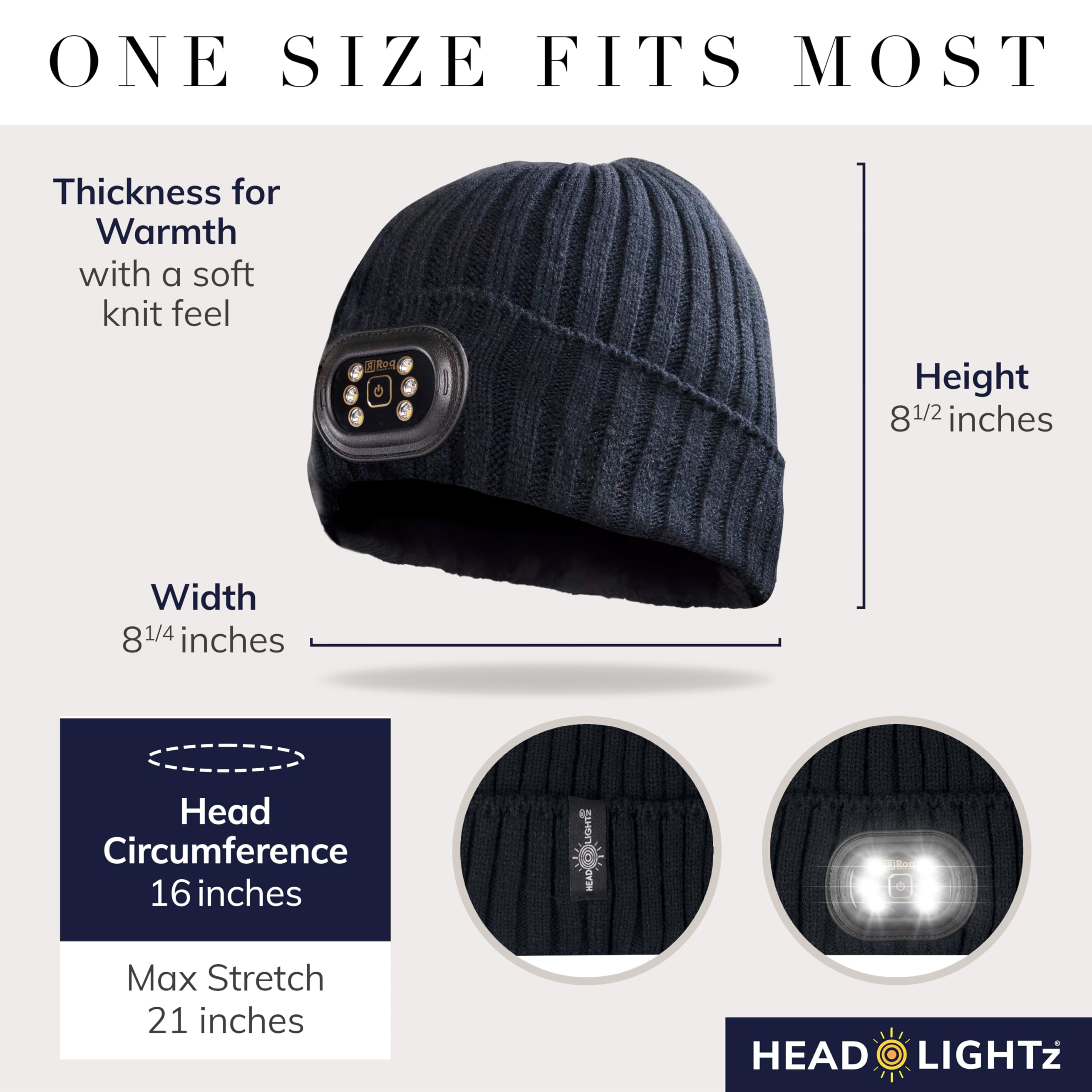 HEAD LIGHTZ LED Beanie Hat - Rechargeable Unisex Black-Mono, 100% Acrylic, Model ROQ-BEN-BLK 2023