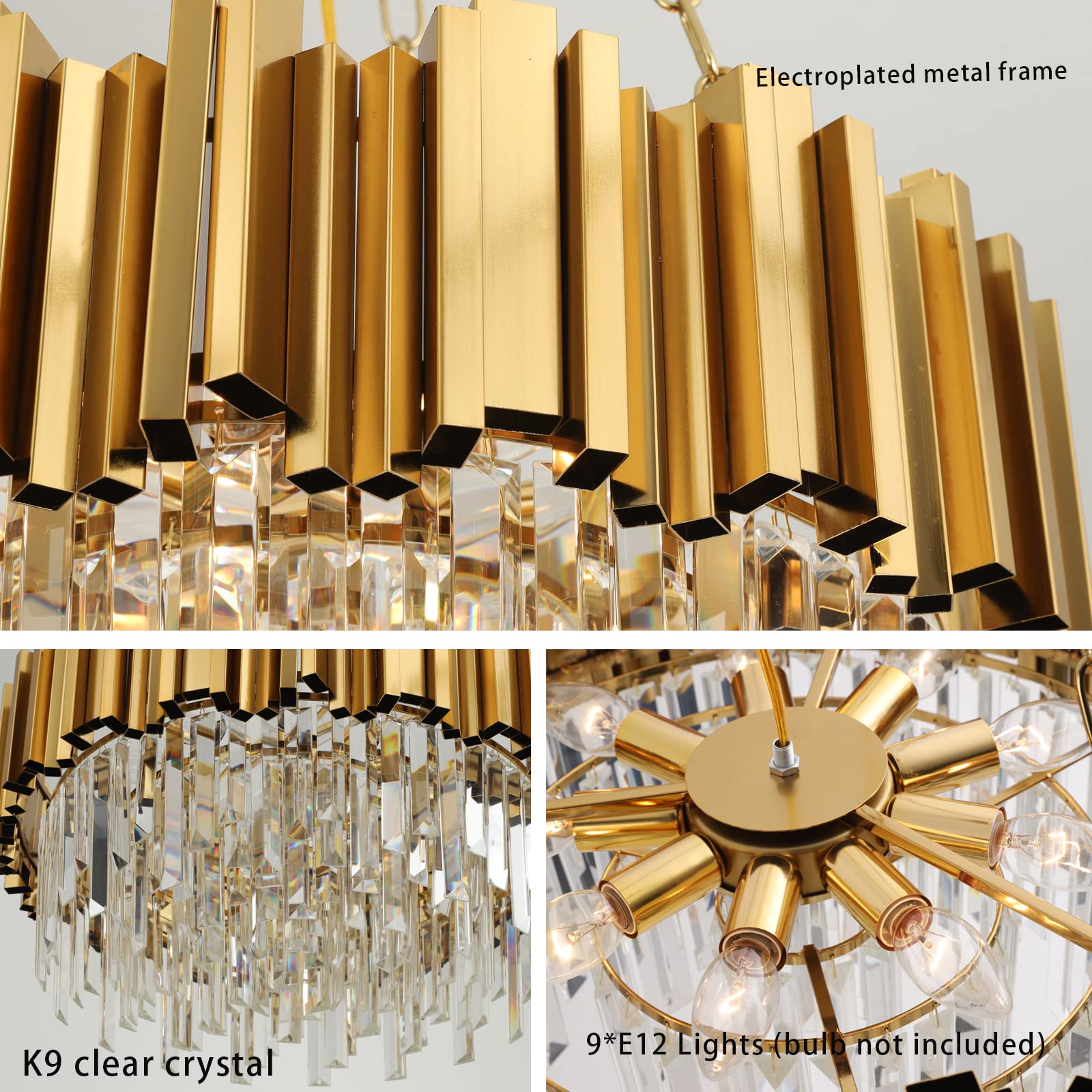 AKDXIRUN Modern Crystal Chandelier 9 Lights W22in Gold Metal Pendant Light Fixture for Dining Room, Living Room, Bedroom