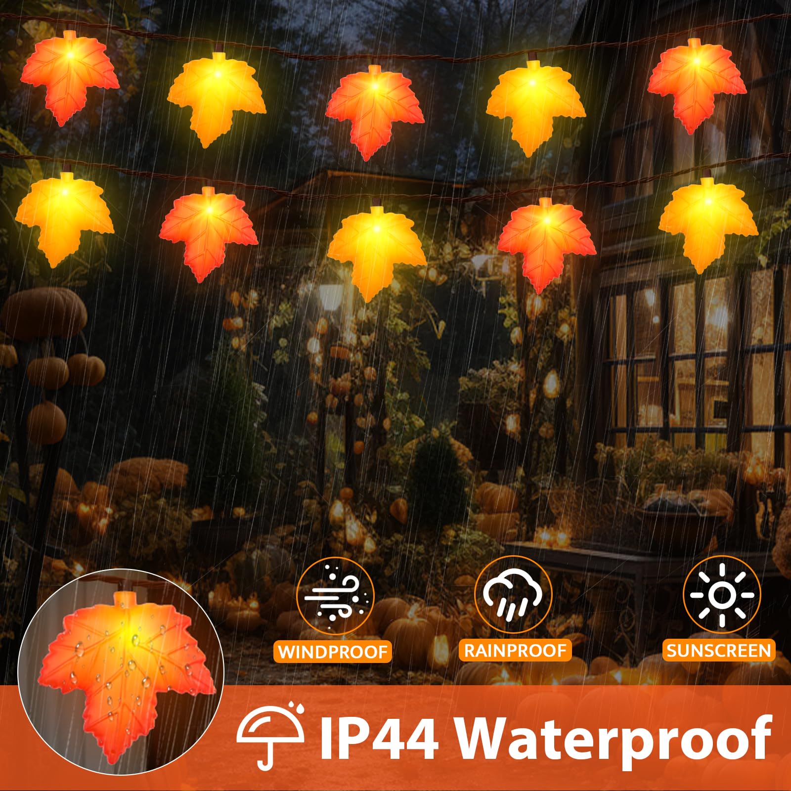 Fall Decor Maple Leaf String Lights, 8.5 FT 3D Maple Leaf Lights 10 LED Orange & Yellow Maple Leaf Plug in Fall String Lights fo