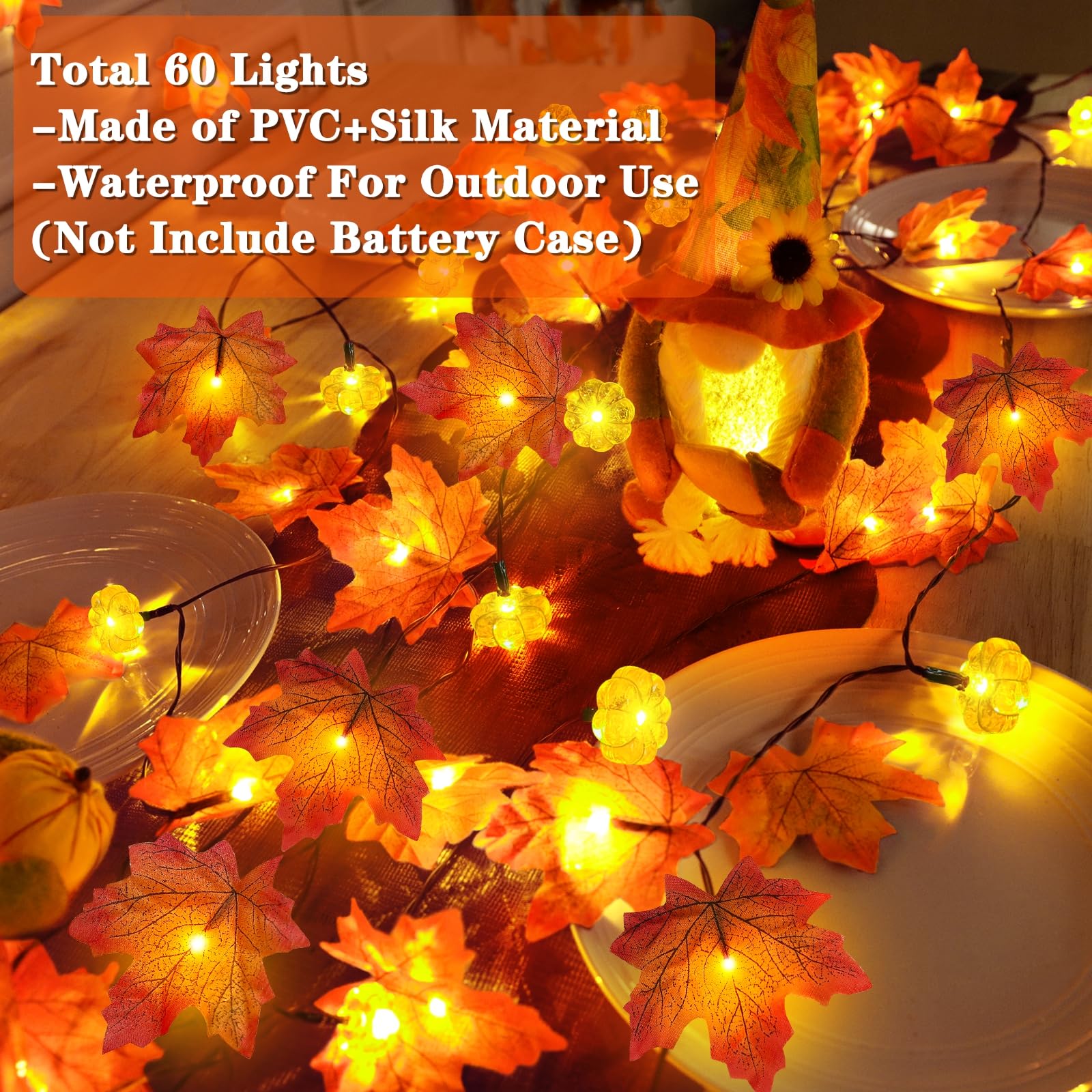 TURNMEON 30Ft Fall Garland with 60 LED Pumpkin Lights, Battery Operated, Silk & PVC, Thanksgiving Home Decor, Model 41-TUM-13-US3