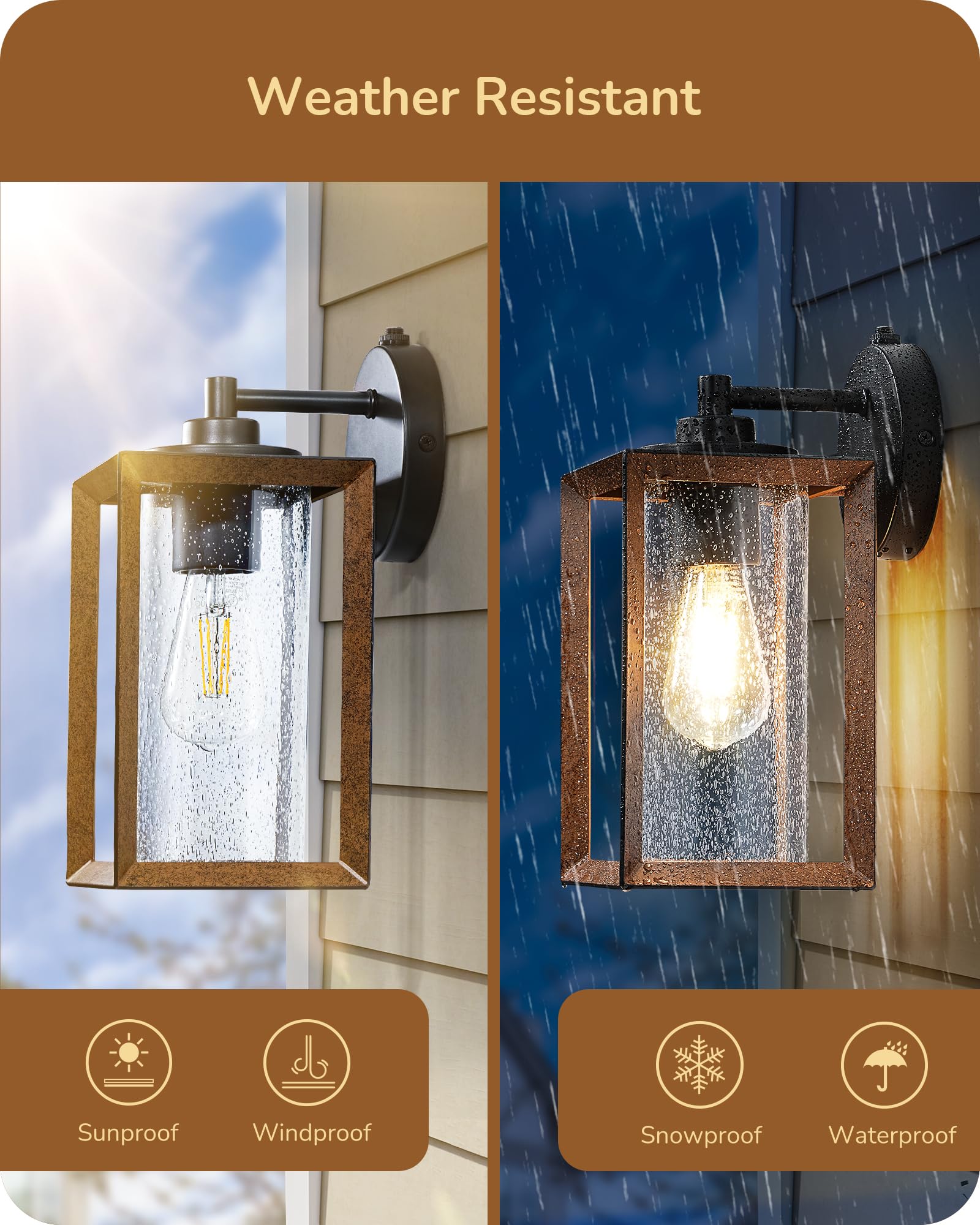 EDISHINE Dusk to Dawn Outdoor Wall Lights, Farmhouse Exterior Lighting Fixtures with Seeded Glass, Wood Grain Finish Porch Light
