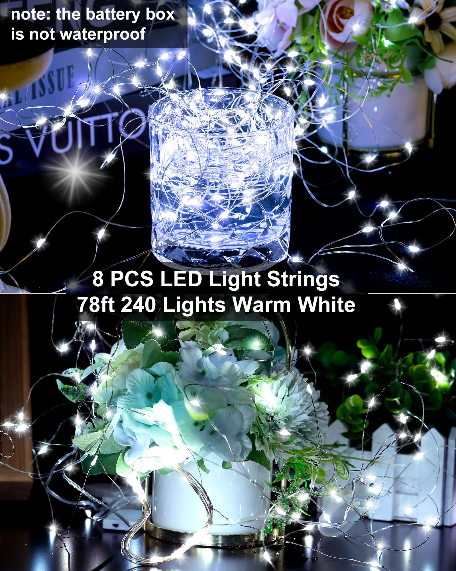 8 Pack Solar String Lights Outdoor Waterproof Each 240 Led 78Ft Solar Fairy Lights Outdoor 8 Mode Led Solar Outdoor Lights Tree Lights Waterproof Copper Wire Lights For Tree Garden Yard(Cool White)
