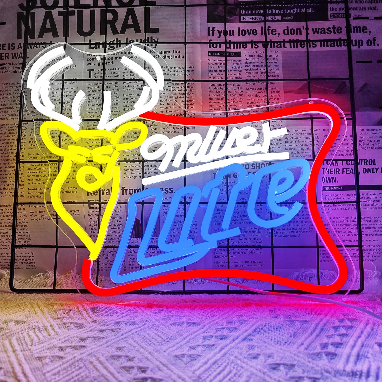 JooeTuu Beer Miller lite Neon Signs for Wall Decor Dimmable Bar Neon Beer Sign Deer Neon Light Signs for Man Cave Bedroom Shop Beer Club Pub Bistro