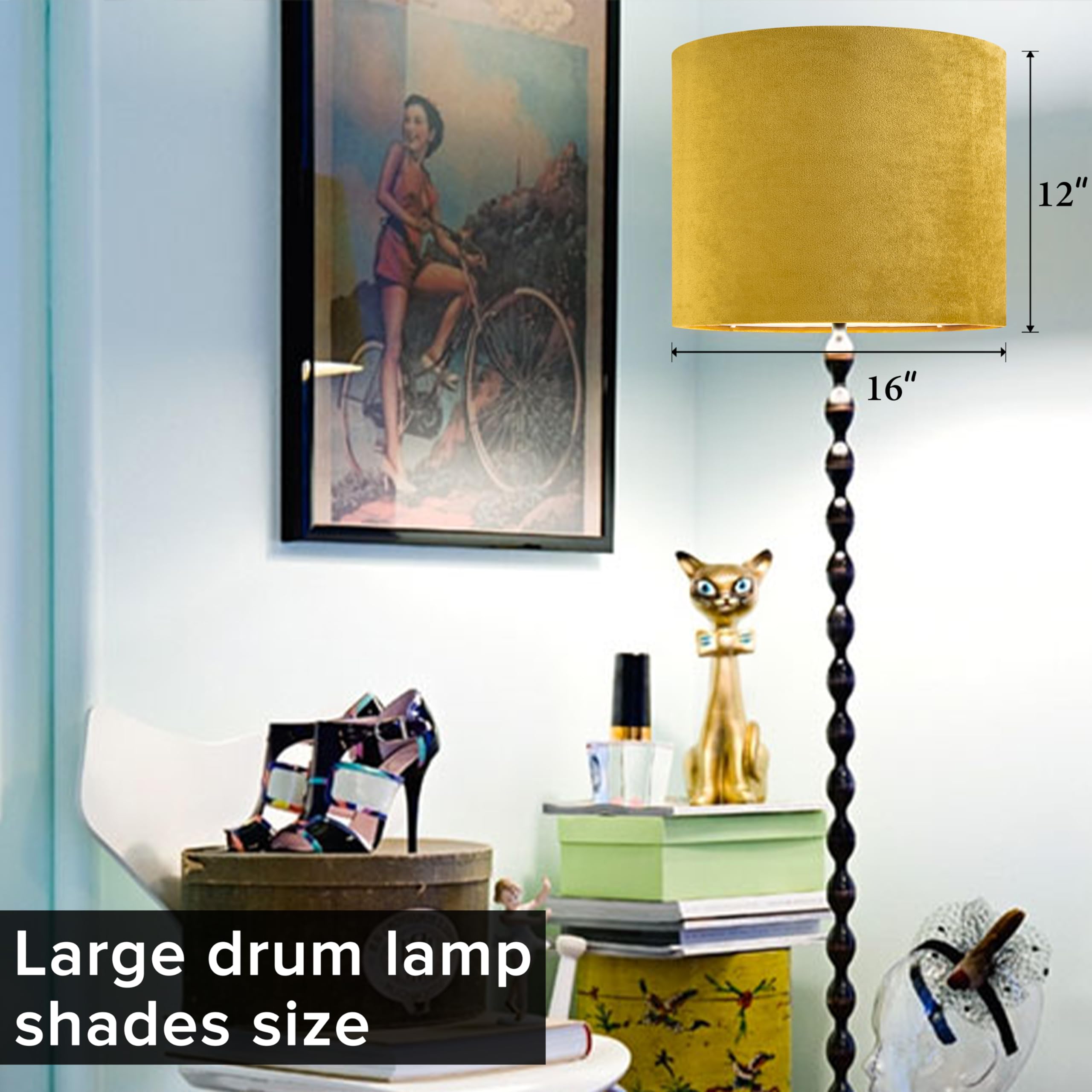 GO&SO Large Drum Velvet Lamp Shade, 16in Top x 16in Bottom x 12in High, Yellow, Handcrafted, Model G7-16-YE-1