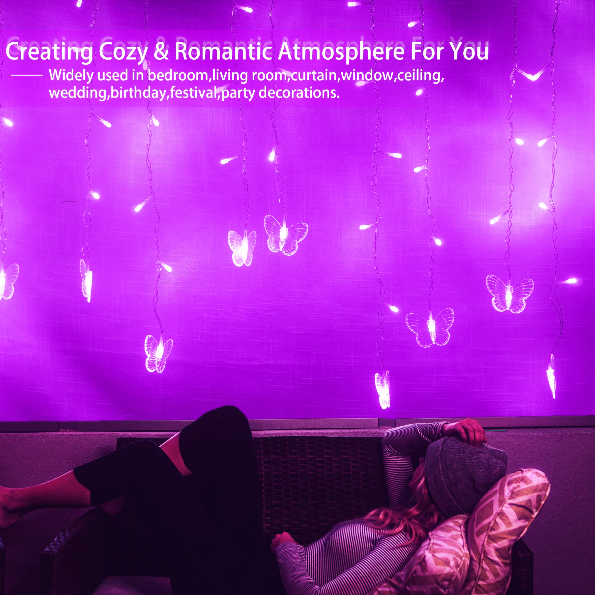 Sunkite Purple Butterfly Curtain Fairy Lights, 120 Led Usb, 20Ft, 8 Modes, Waterproof For Parties