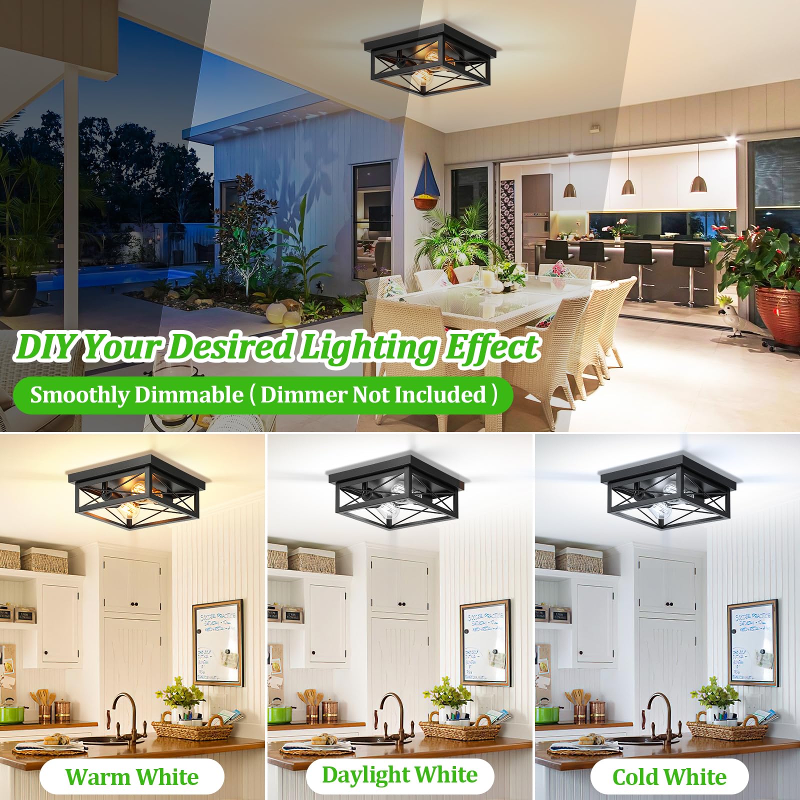 Kondras 2-Light Industrial Square Flush Mount Ceiling Light, Farmhouse Ceiling Light Fixture For Kitchen, Modern Black Close To