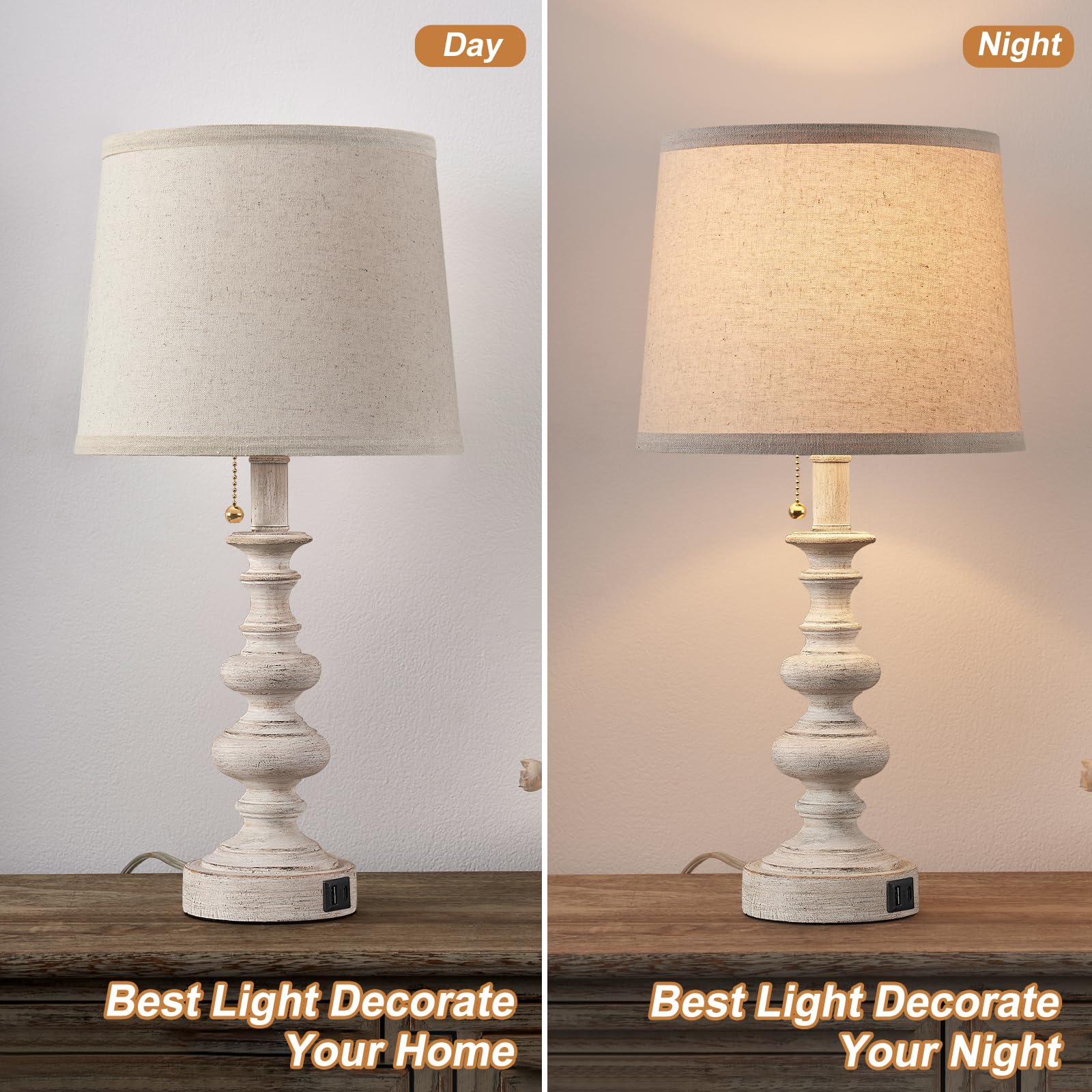 Bowobo 21'' Farmhouse Table Lamp Set Of 2 With Usb A+C Ports For Bedroom Living Room Vintage Rustic Traditional Nightstand Bedsi