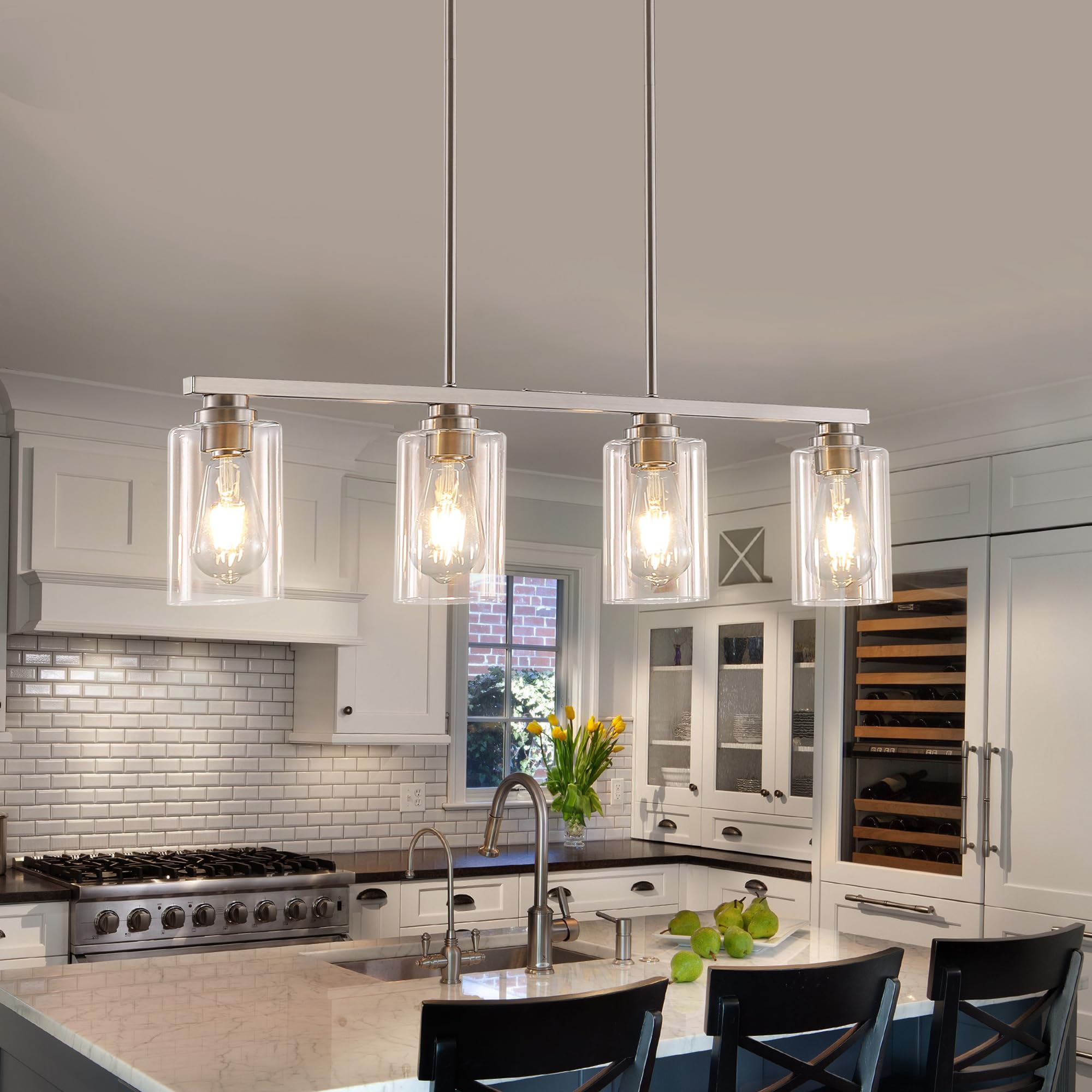 Mecgirn Island Light For Kitchen, Brushed Nickel Dining Room Light Fixture Over Table, 4-Light Linear Chandelier Pendant Lighting For Dining Table Kitchen Island Living Room
