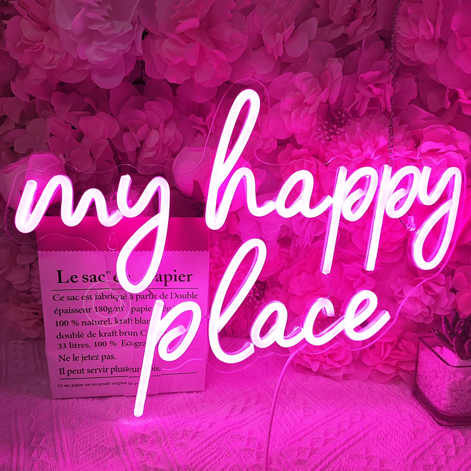SYLHOME LED Neon Light Sign, Pink My Happy Place, 15.8in x 11.2in, Acrylic, Model NS-ZF5V-AMZ-myhappyplace-P