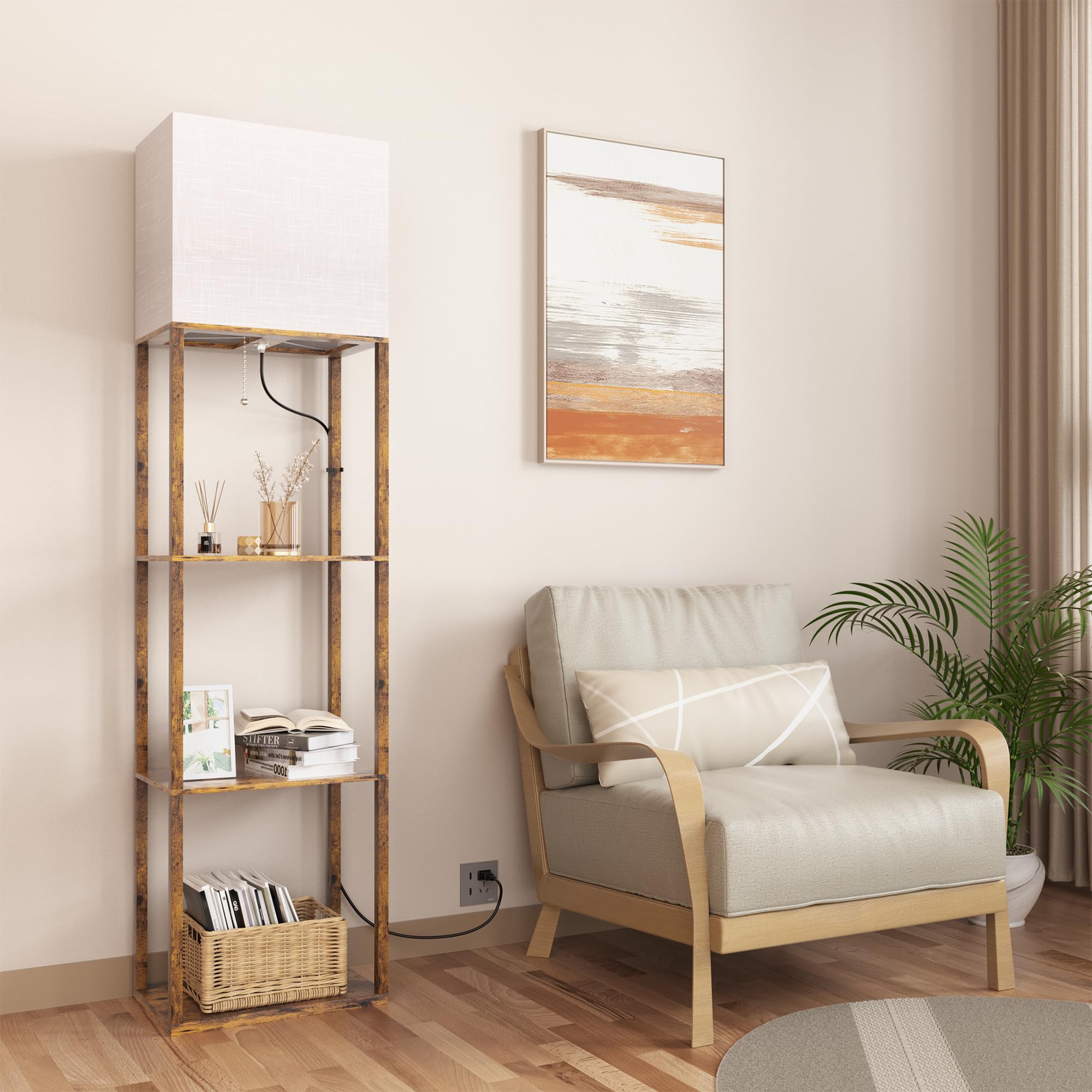 Dott Arts Floor Lamp With Shelves, Wide Floor Lamps For Living Room Display Shelf Lamps With 3 Color Led Bulb,Storage Wood Moder