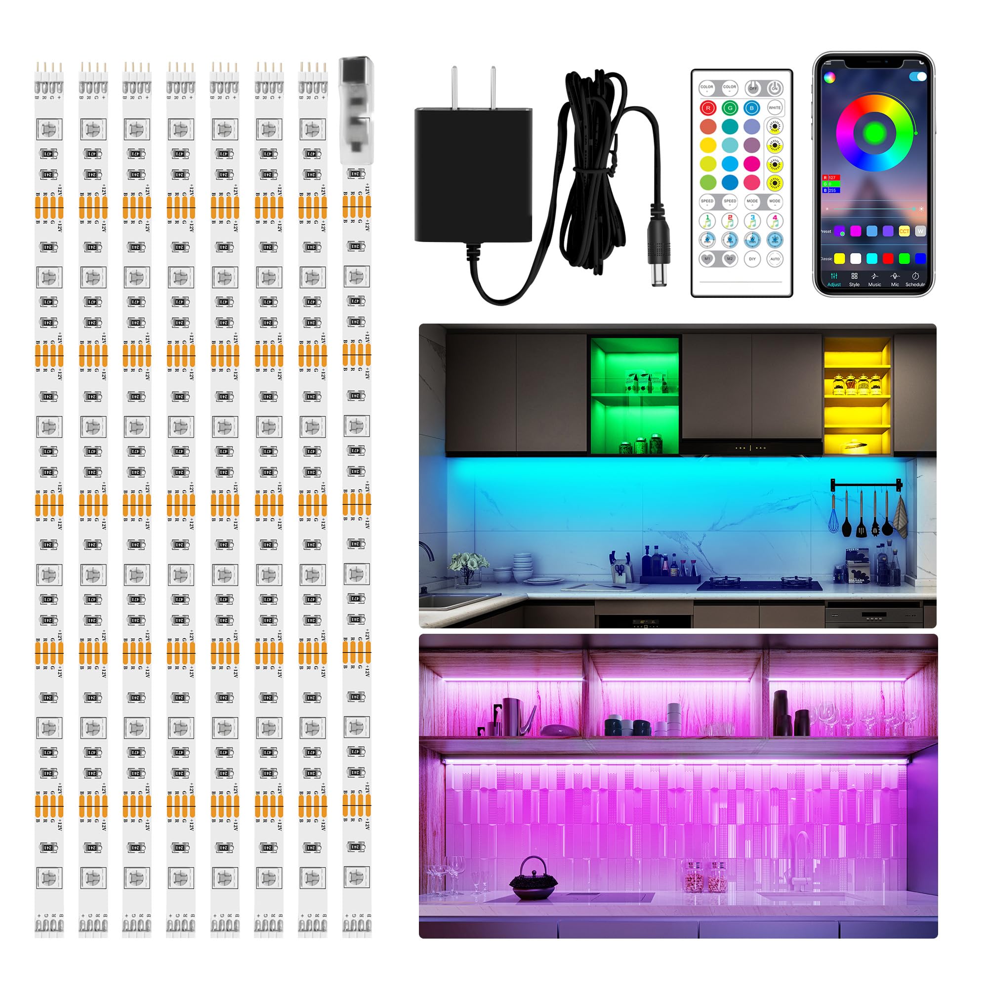 maylit 8 PCS RGB Under Cabinet Lighting Kit, App and Remote Control Strip Lights, Music Sync Color Changing Led Lights with ETL 