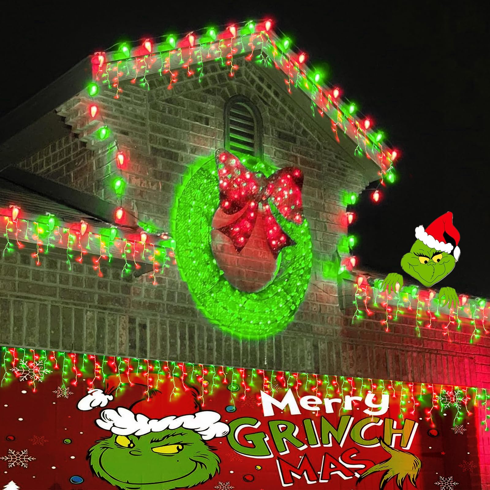 YEGUO 33ft Icicle String Lights - 400 LED Red and Green Waterproof, 8 Modes with Memory Timer