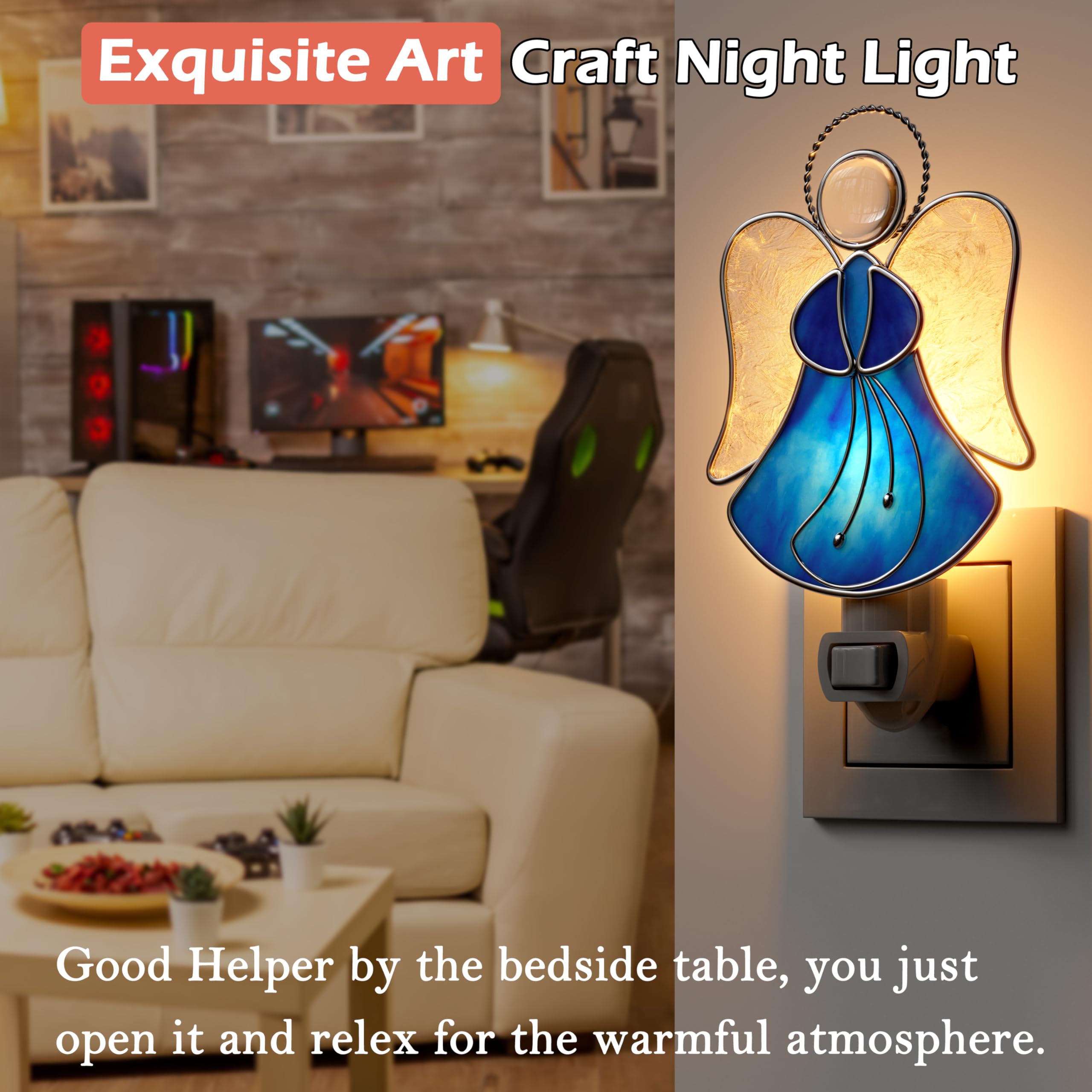 Kundgla Stained Glass Angel Night Lights Plug Into Wall, Angel Bright Plug In Nightlight, Suncatcher Embedded In Glass, Gift For