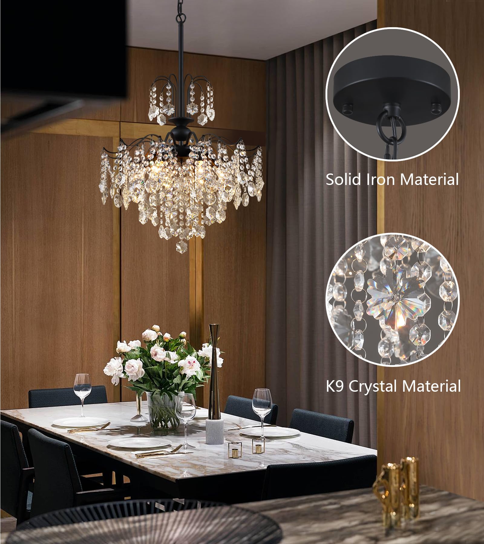 Q&S Crystal Chandelier - Modern Black Pendant Light, 6 Lights, 20IN for Dining Room, UL Listed, Model P2001-6BK