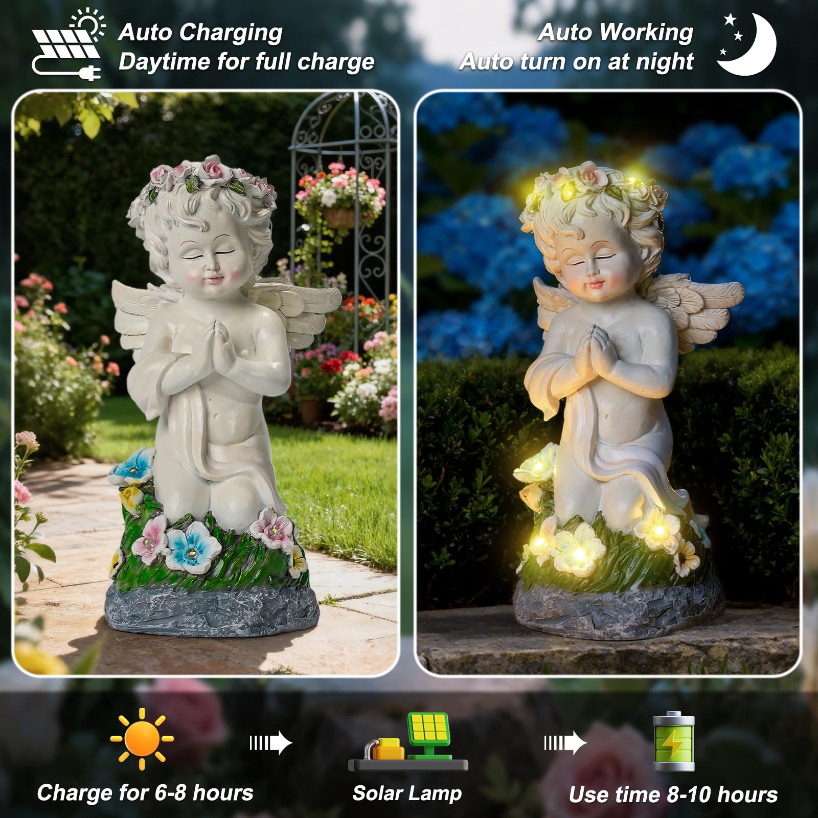 Pohabery Angel Garden Decor Solar Angel Figurines With Flower Lights Birthday Gifts For Women Angel Statue For Patio Lawn Yard Balcony Home Decor