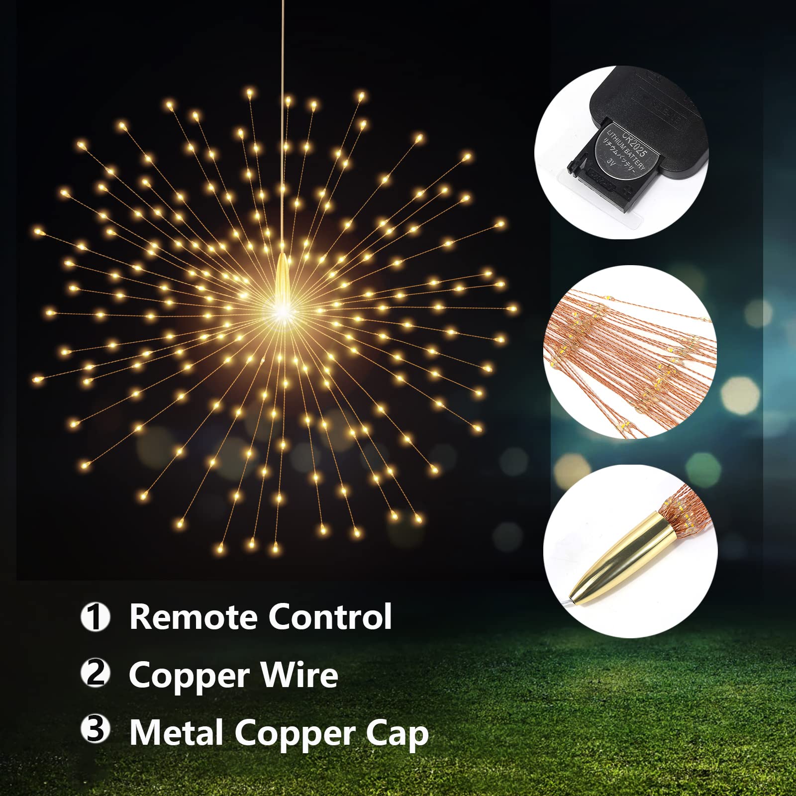SHUKAN 200 LED Starburst Sphere Lights, Warm White, Battery Powered, Waterproof, Remote Control for Home Decor and Parties
