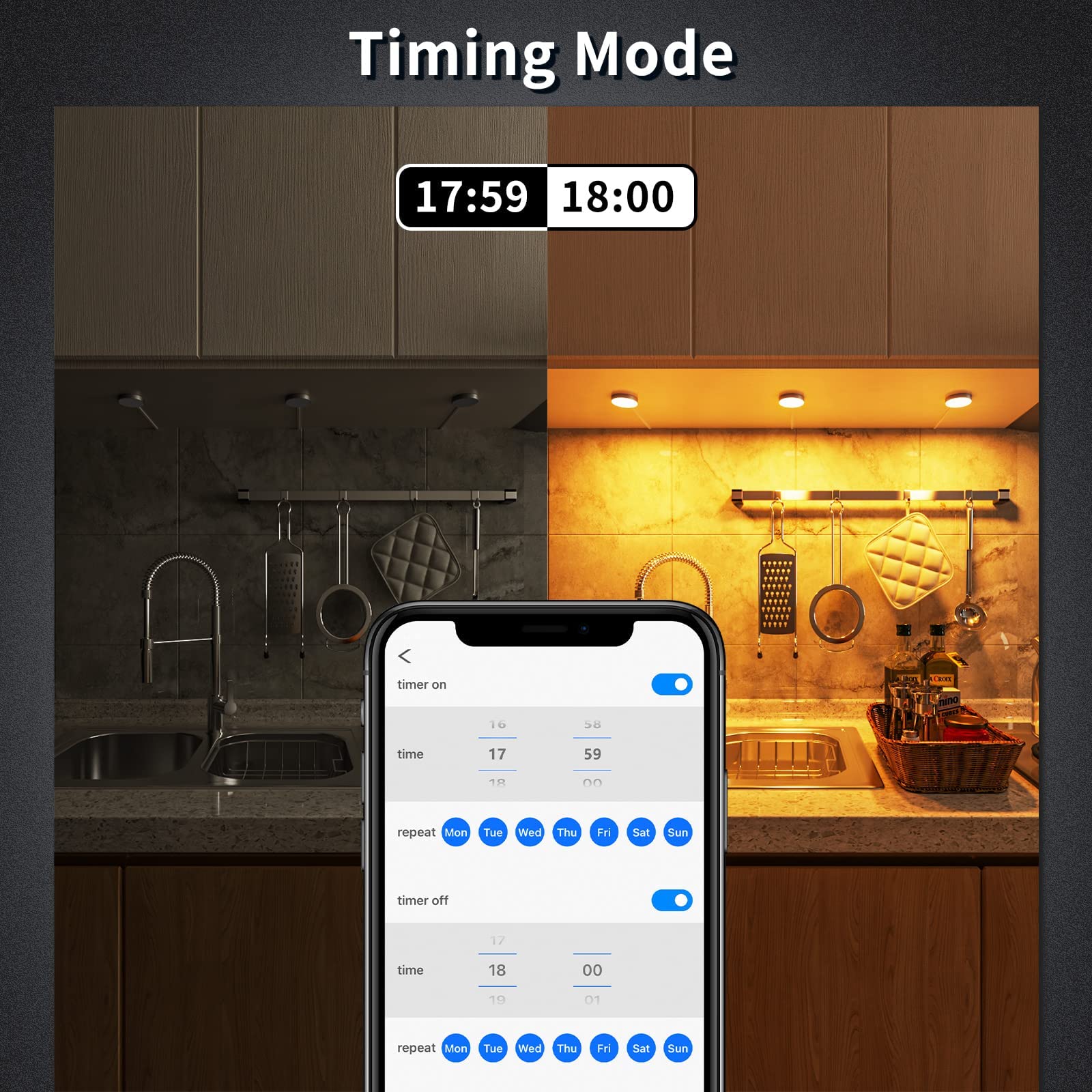 BASON LIGHTING RGB Under Cabinet LED Puck Lights, Bluetooth App Control, Dimmable, Glass, Model CS112