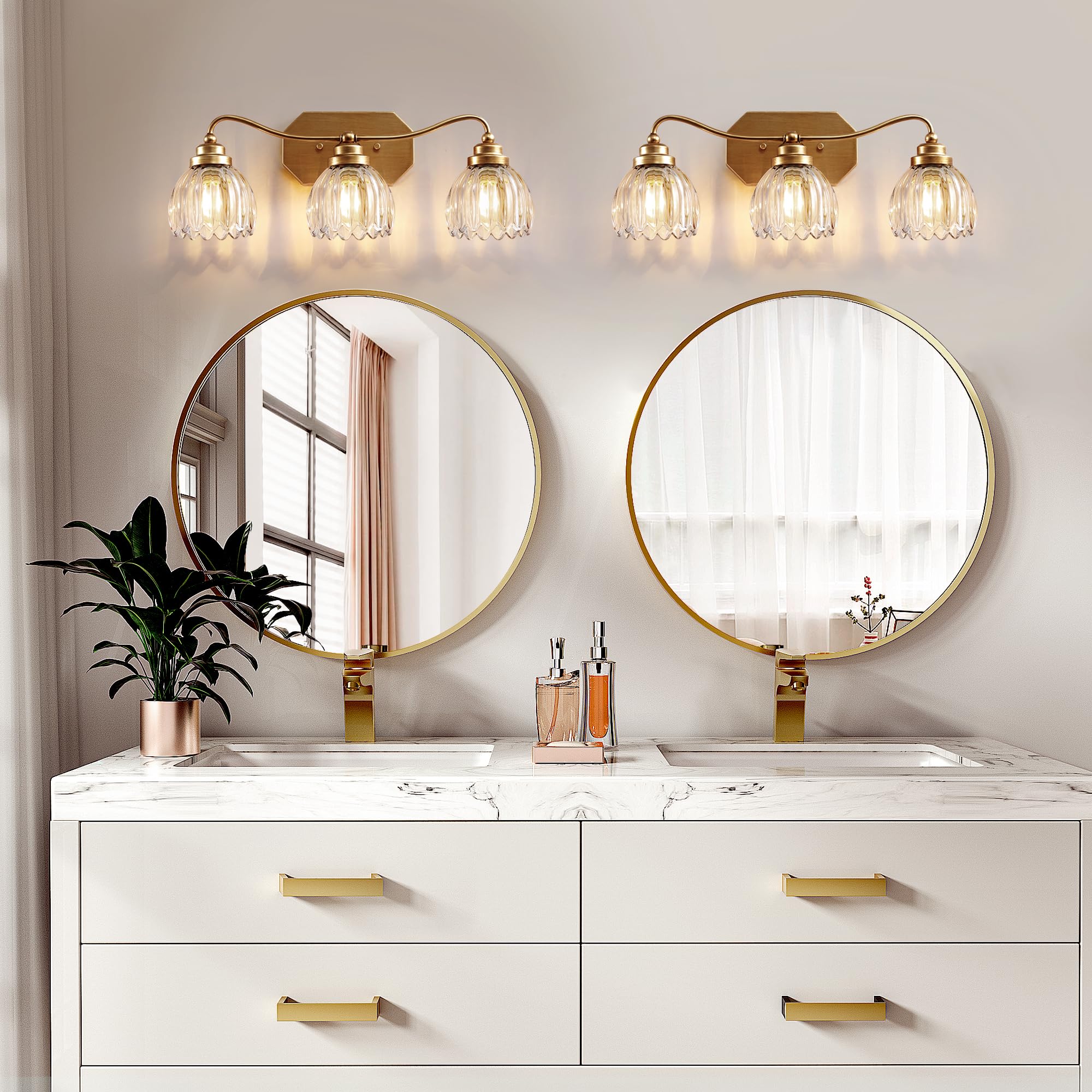 Cmnvmn Vintage Bathroom Light Fixtures  Gold Bathroom Vanity Light  Matte Antique Brass Finish With Crystal Glass Shade  Wall Sconces Lighting For Bedroom  Living Room  Hallway (Gold  3-Light)