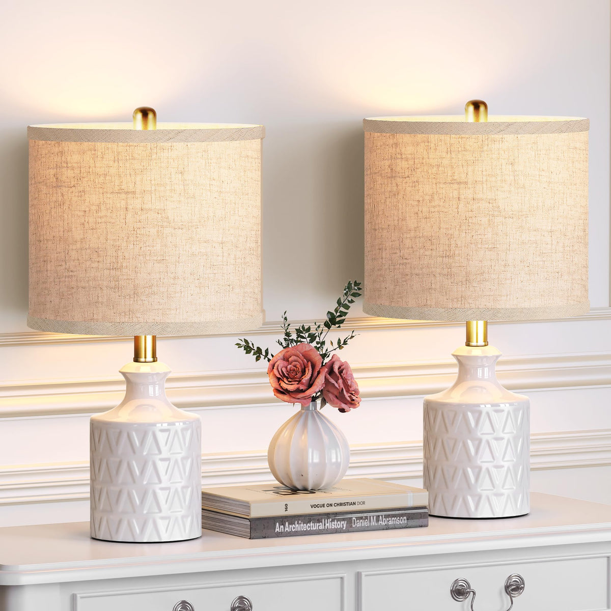 PARTPHONER Modern Accent Ceramic Table Lamp Set of 2, 18.5'' White Bedside Lamp for Bedroom with 3-Color Temperature LED Bulbs, 