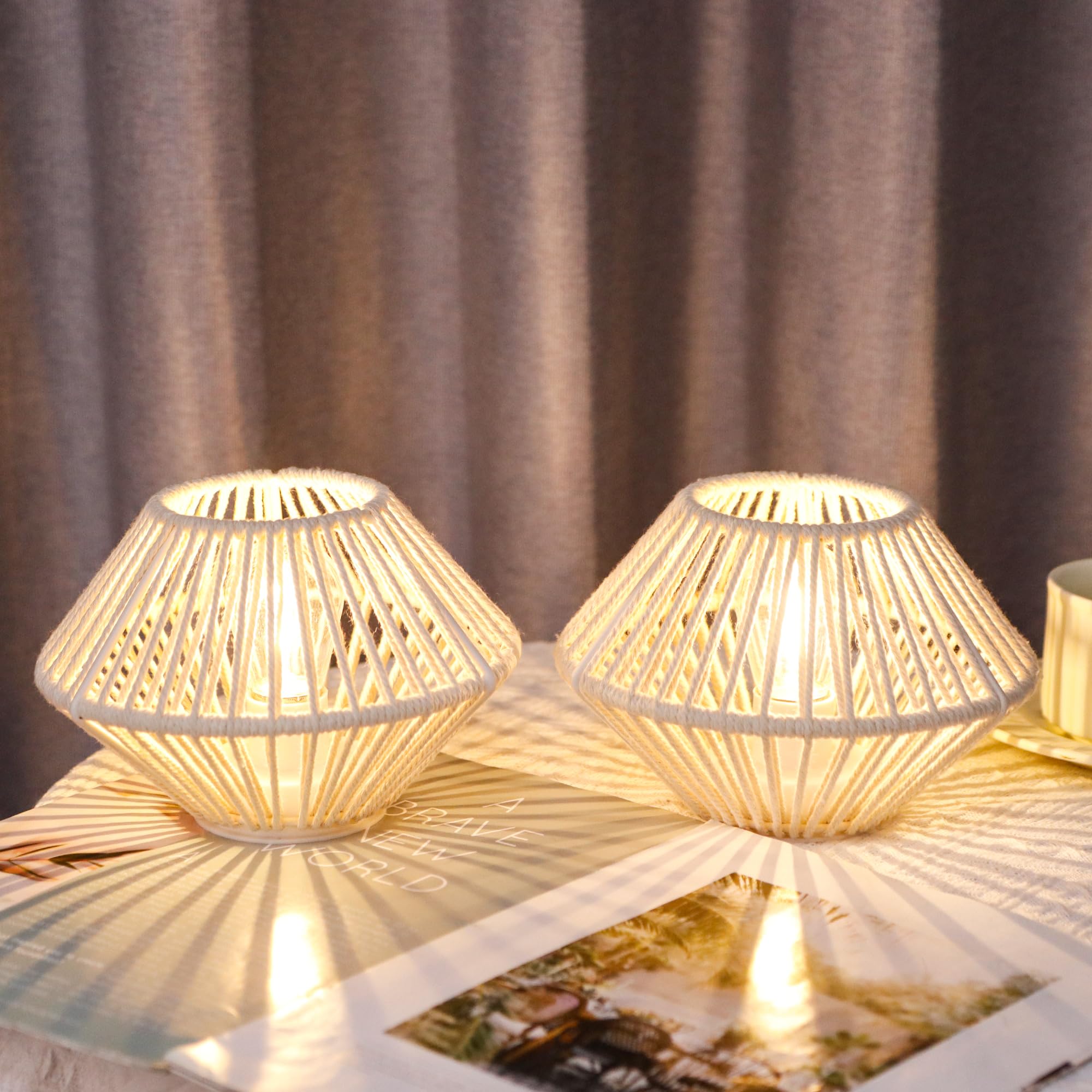 TRIROCKS Woven Cotton Rope Table Lamp Set of 2  5 Cordless Battery Operated Desk Lamp  Boho Wireless LED Lamps for Indoor/Outdoor Bedroom Living Room Weddings Parties Patio Events