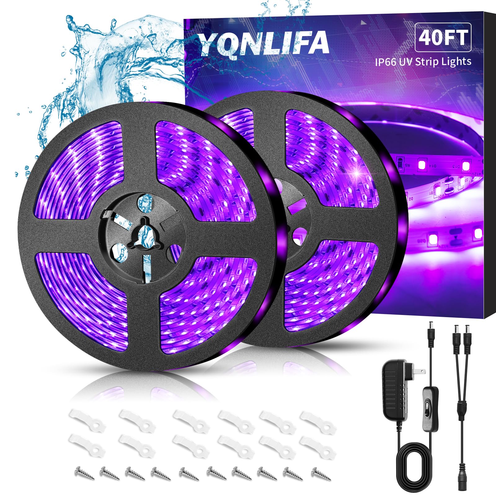 YQNLIFA Waterproof 40Ft/12M Black Light Strip, IP65 Black Light Fixtures Kit, 720 LED Strip with 12V Power Supply for Outdoor Indoor Halloween Glow Neon Party Resin Curing Display Cabinet Posters Boat