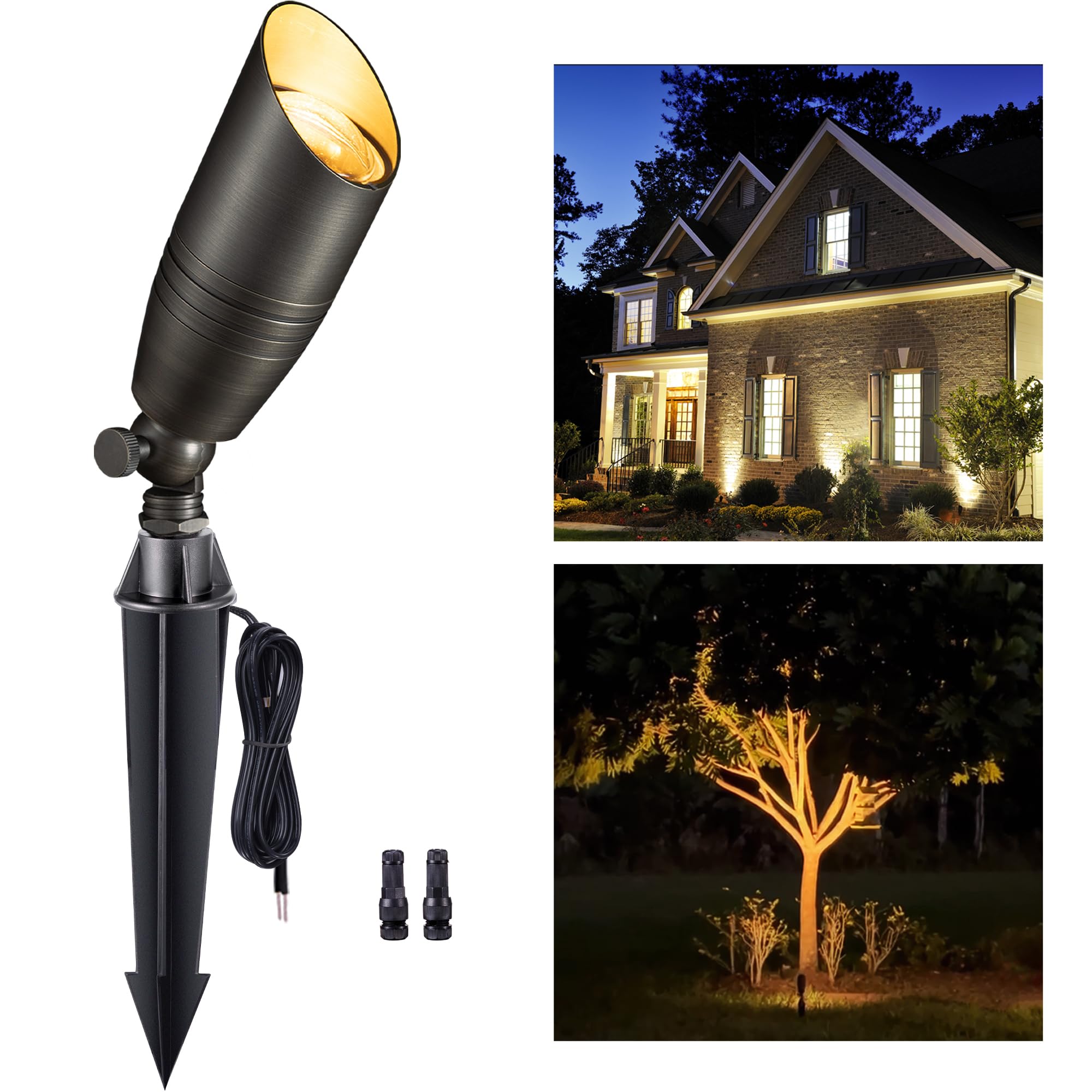 Gardenreet Landscape Spotlights Low Voltage - Brass 12V Outdoor Uplight Led, Wired Spot Lights Ip65 Waterproof, Adjustable Focus Bronze For Exterior Garden Yard Tree House Without Mr16 Bulb