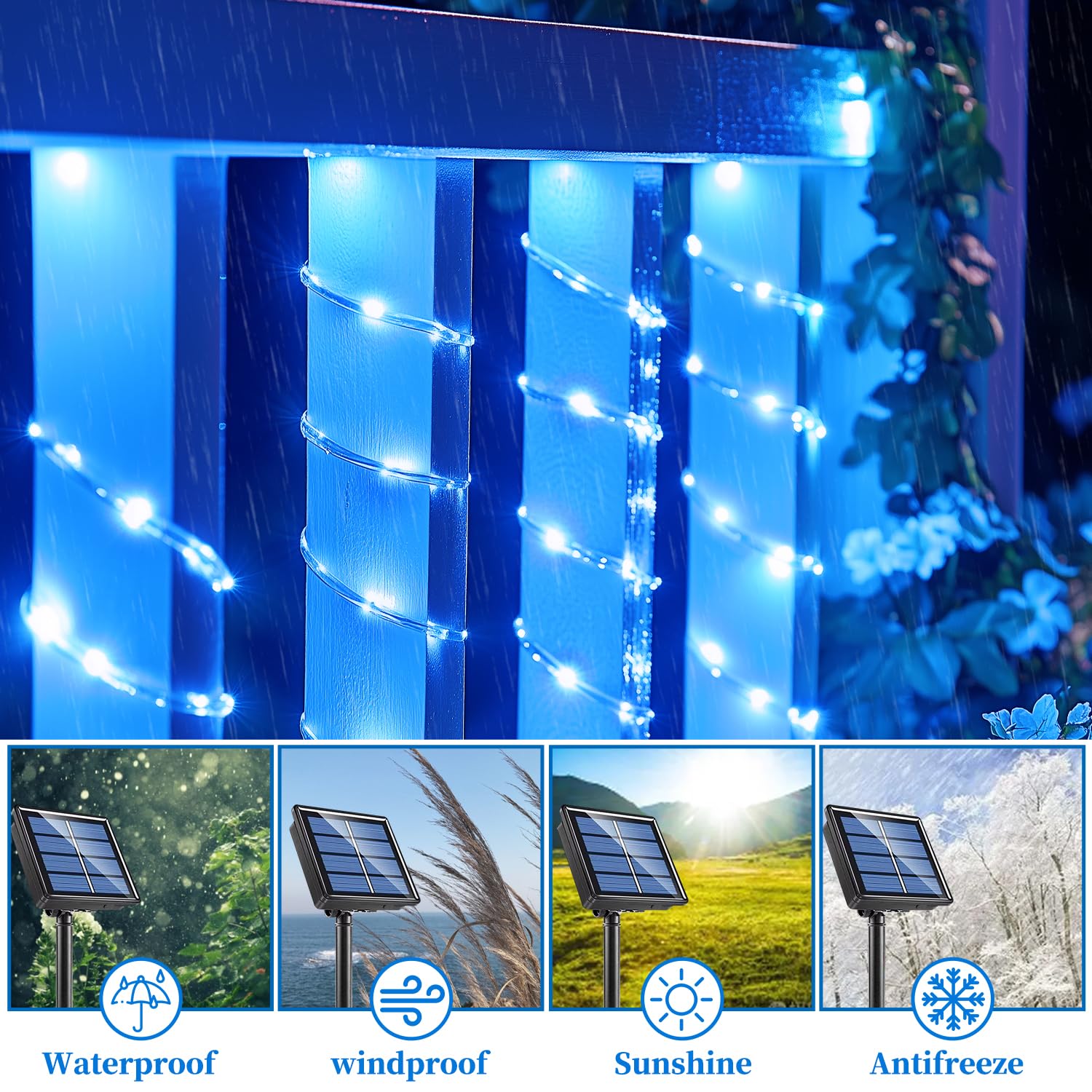 ANJAYLIA Solar Rope Lights, 33FT, 100 LED, Waterproof, 8 Modes, Blue, Model BLUEQZD100